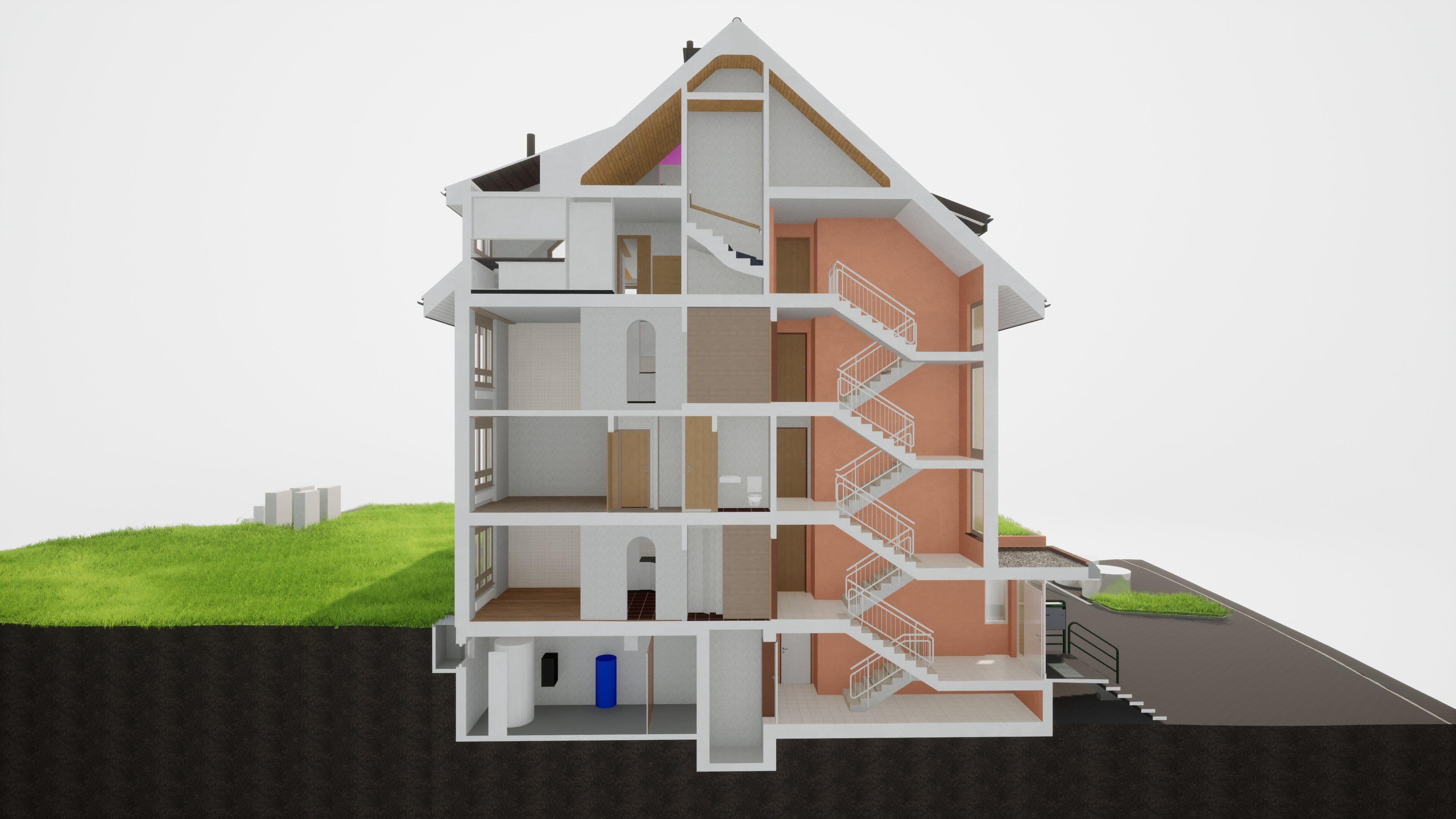 3D-Schnittansicht eines Mehrfamilienhauses mit Außentreppe.