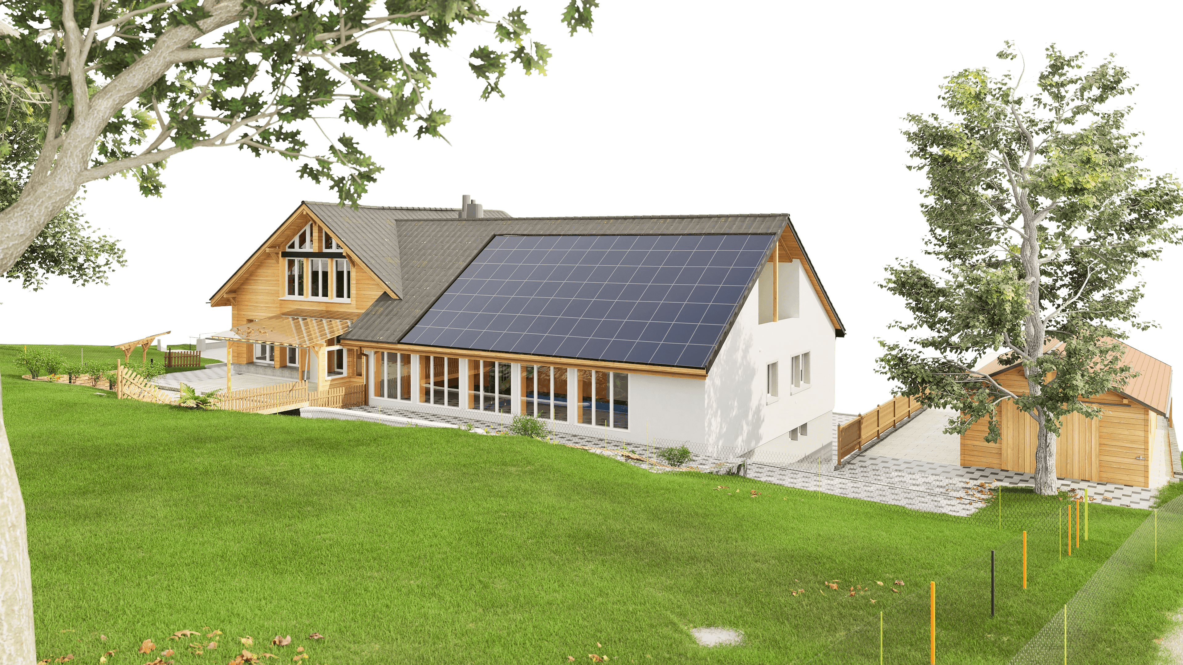 Energieeffizientes Holzhaus mit Solarpanelen auf dem Dach, umgeben von grüner Landschaft und Bäumen.