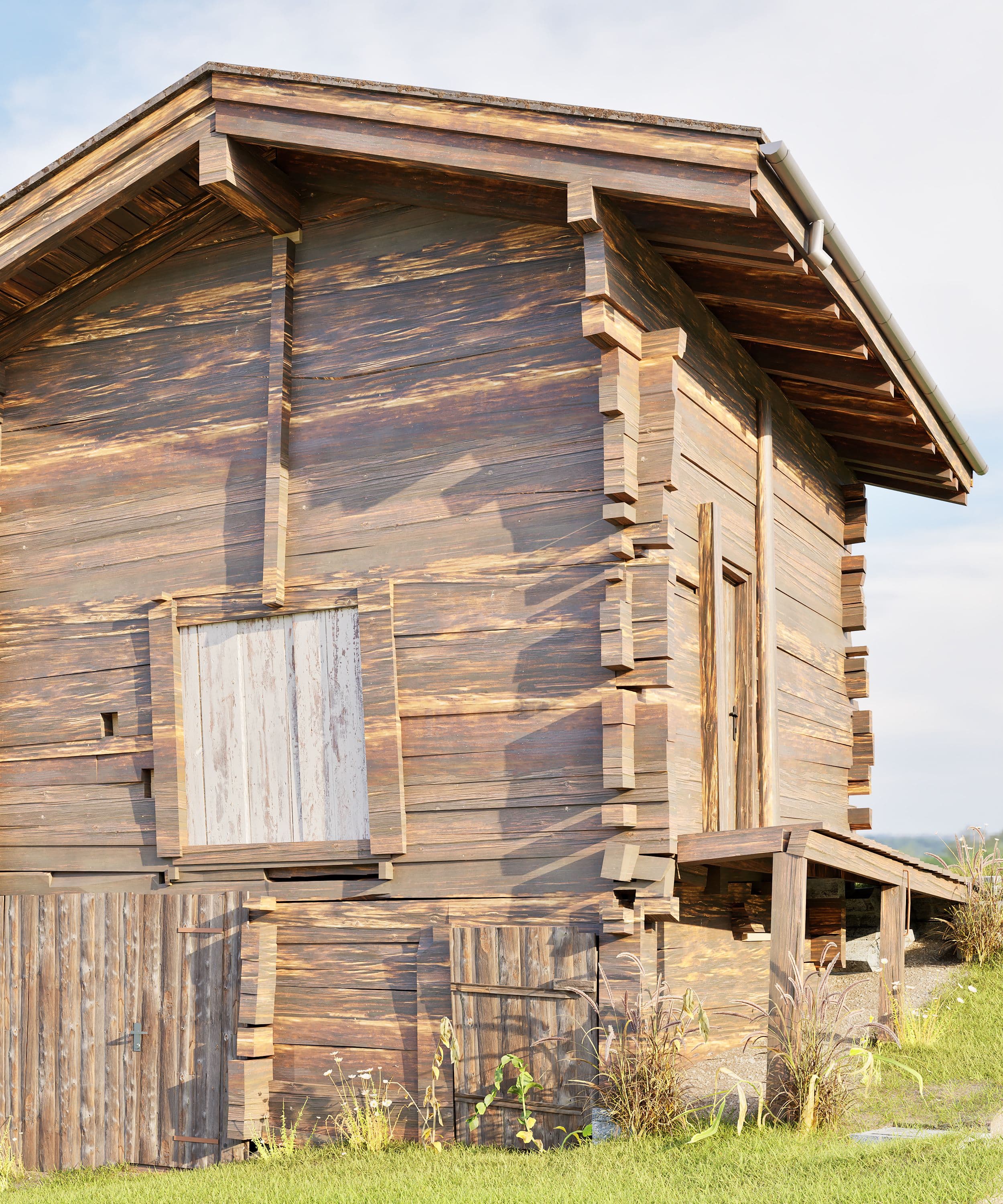 Holzhaus mit rustikalem Design und überdachtem Eingang, umgeben von einem Holzzaun.