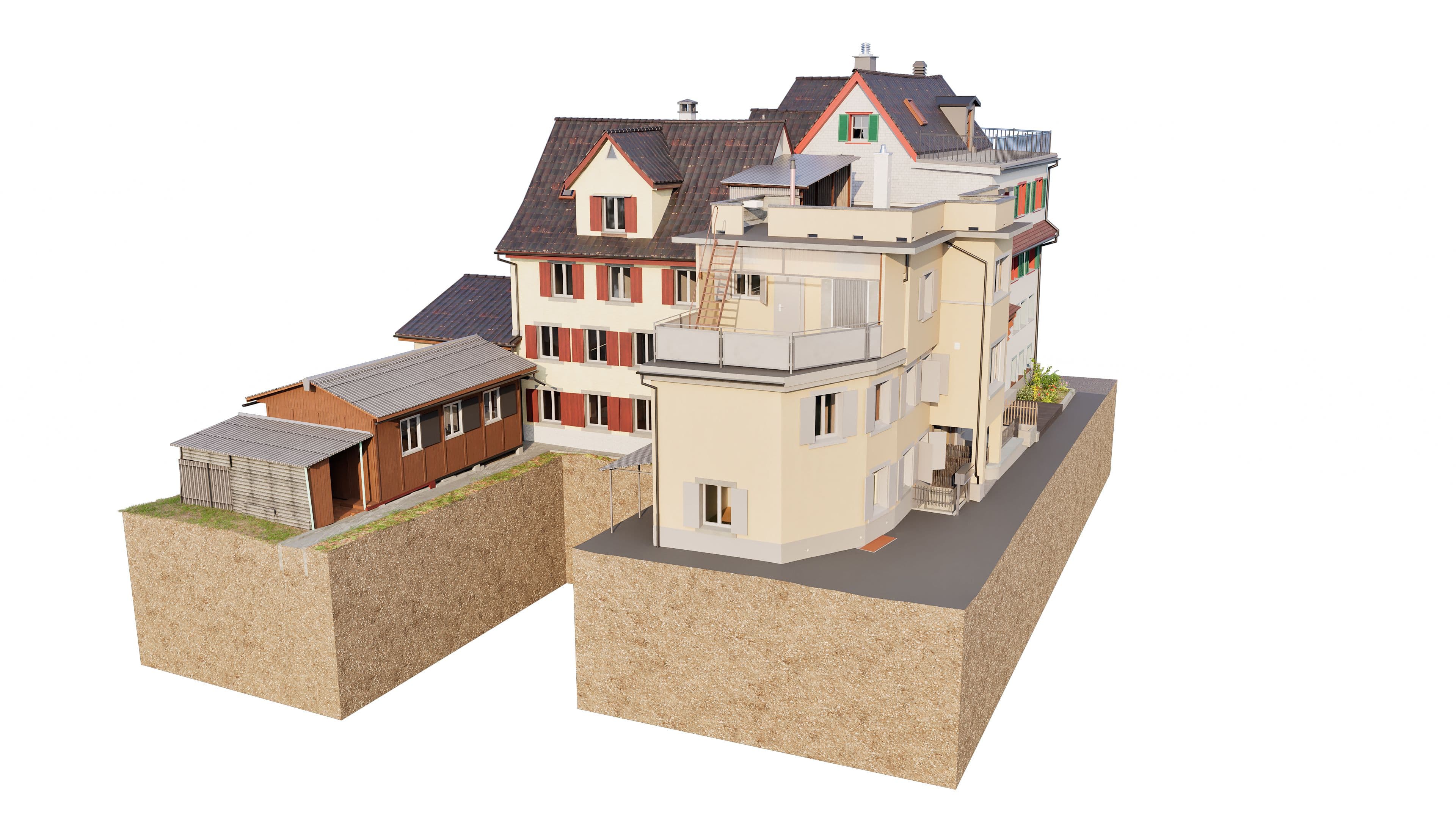 Eine 3D-Visualisierung zeigt zwei benachbarte Gebäude auf entfernten Grundstücken. Das Bild stellt die Struktur und Architektur detailliert dar.