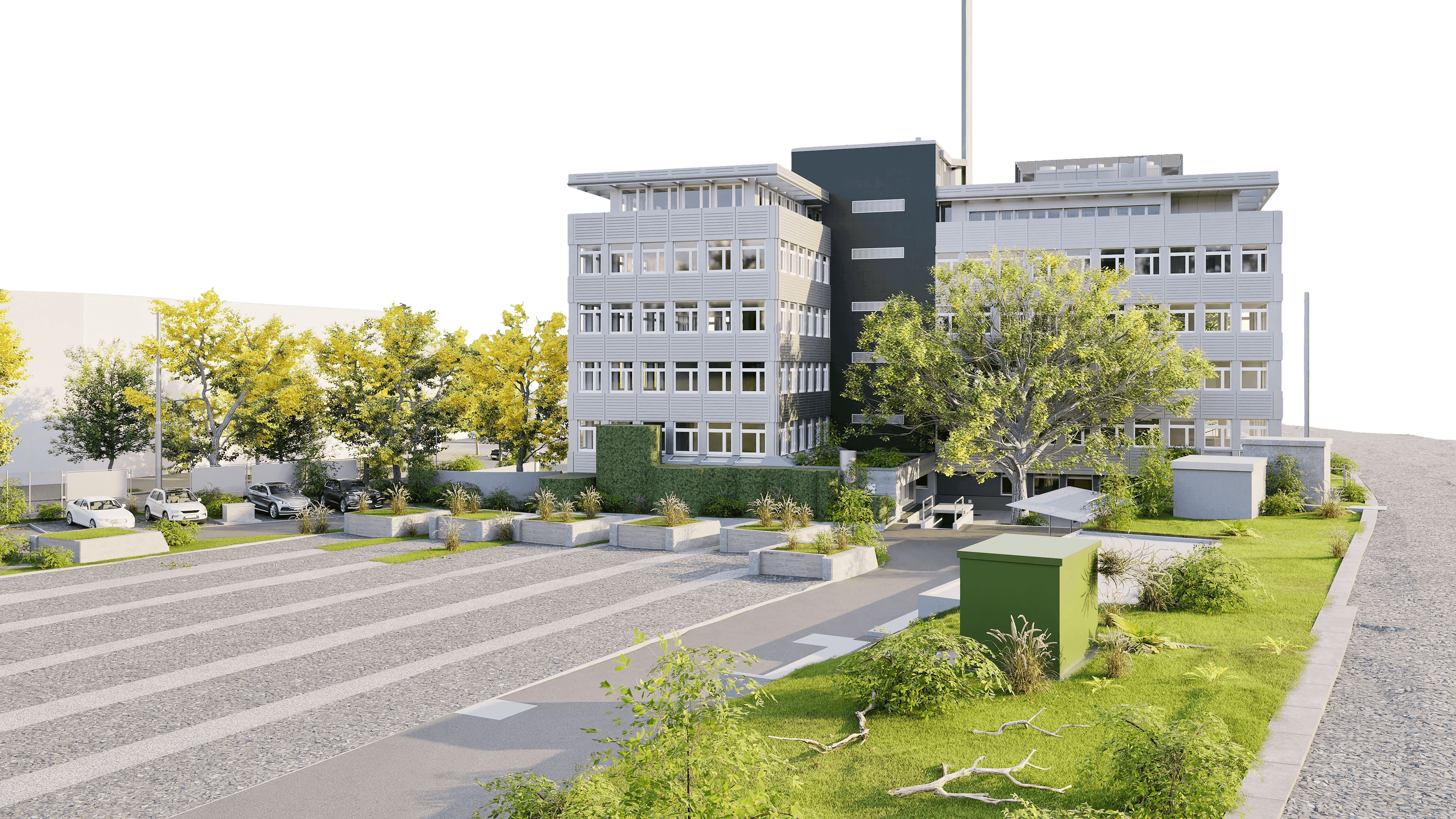 Moderne Bürogebäude mit grüner Umgebung und breiter Straße.