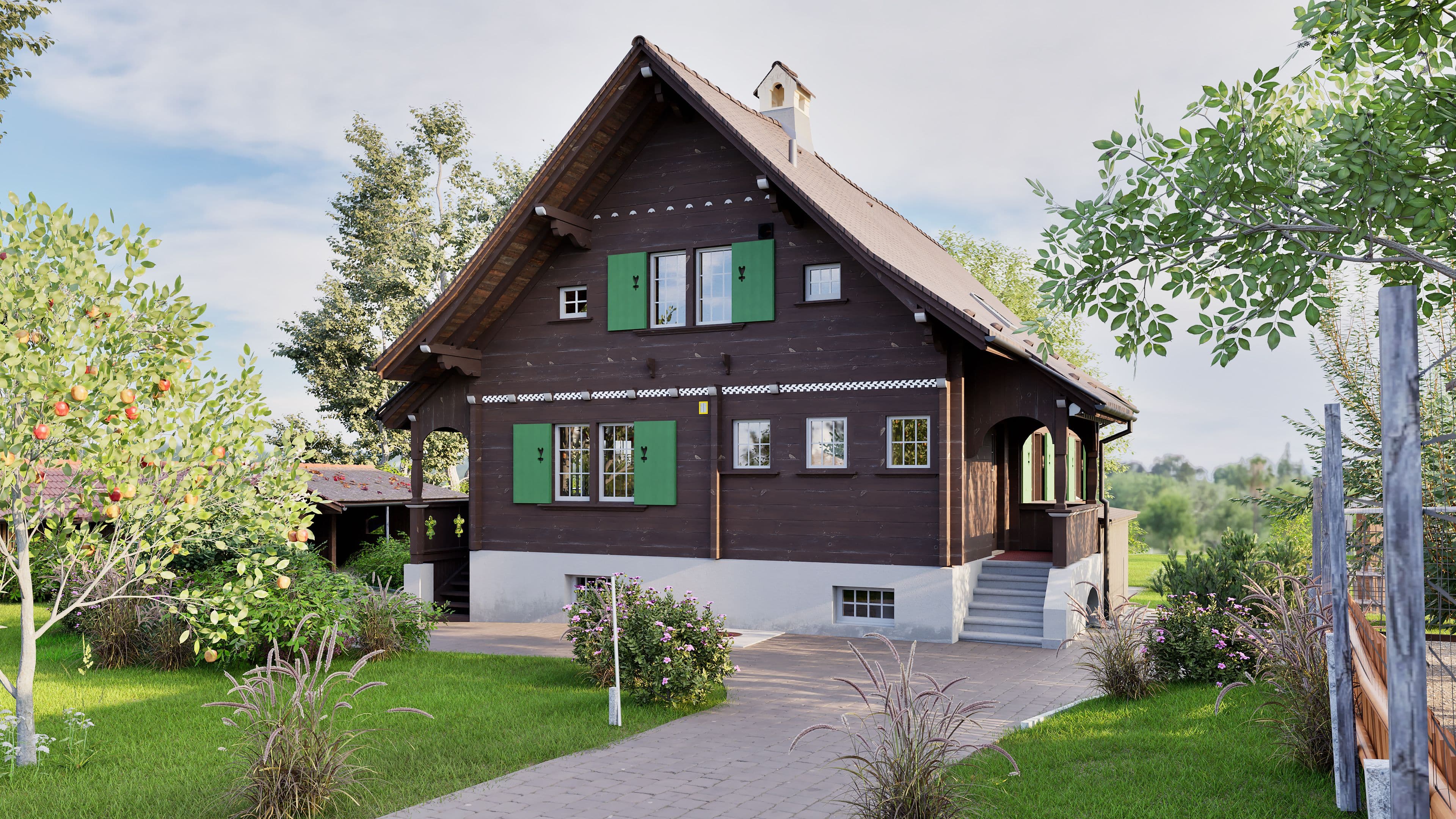 Traditionelles, renoviertes Schwarzwaldhaus mit grünem Garten und offenem Himmel.