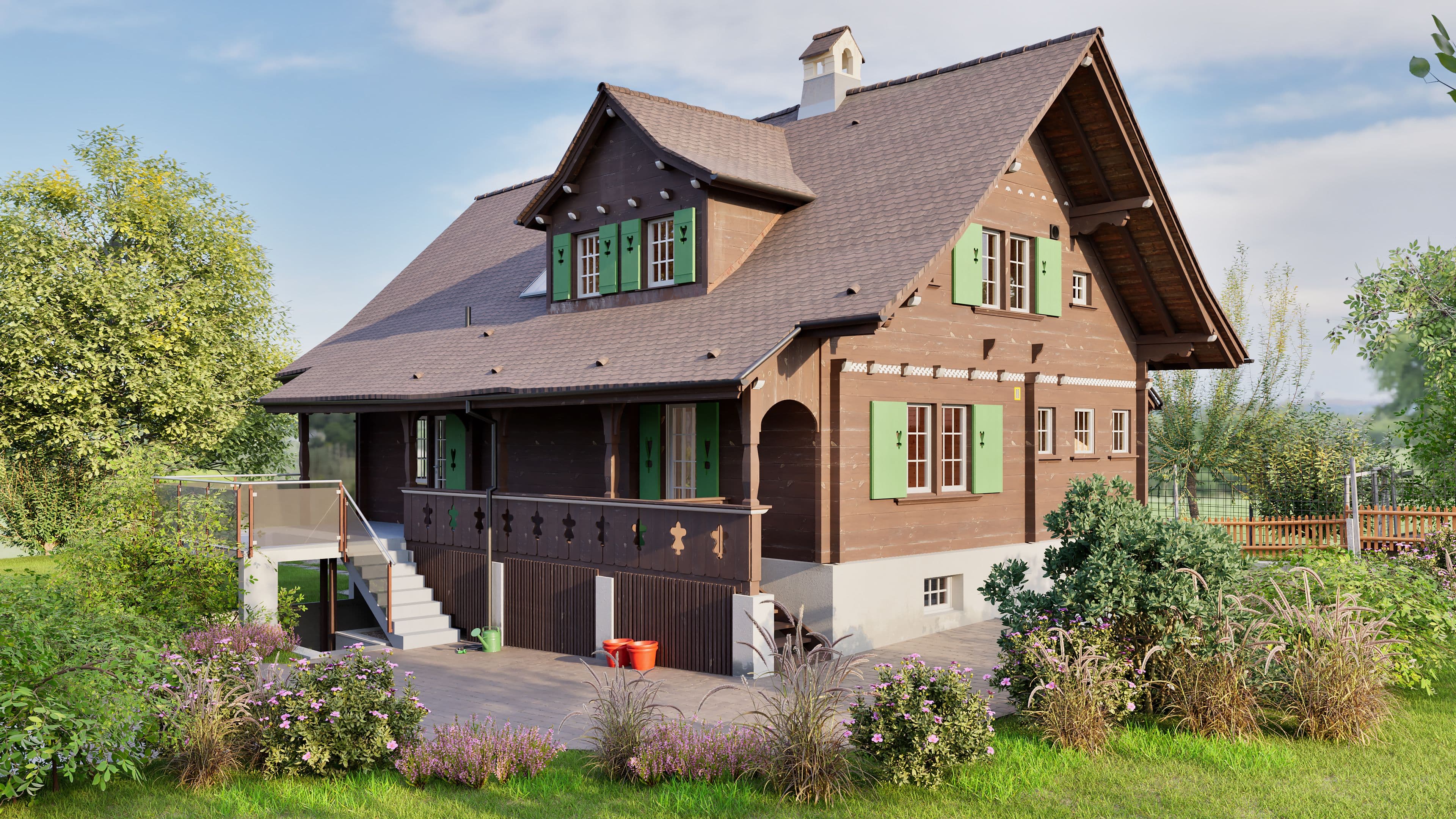 Charmantes Chalet mit Holzfassade, grünen Fensterläden, großer Terrasse und schöner Gartenumgebung.