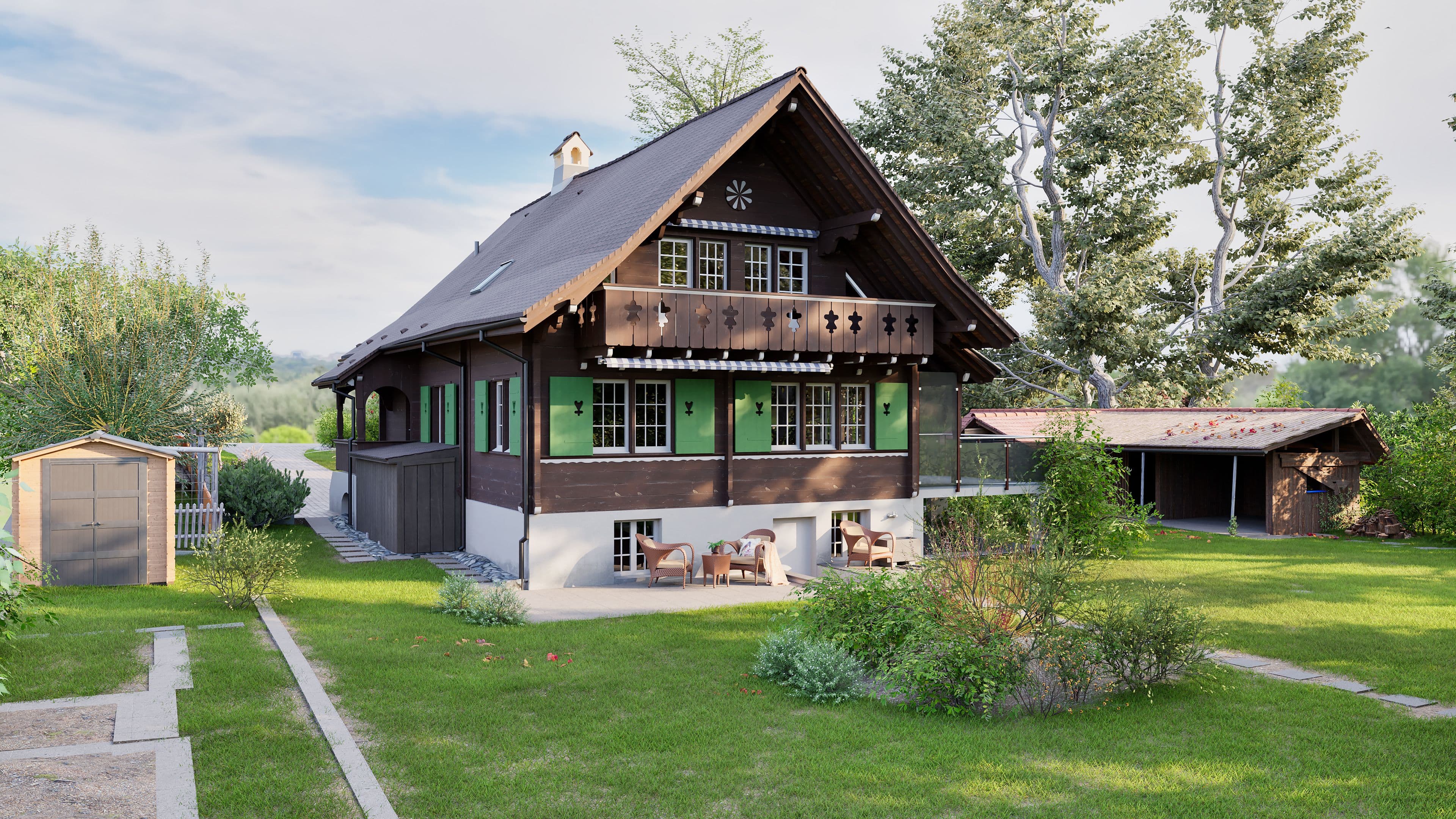 Kleines, traditionelles Holzhaus mit Fenstern und Veranda, umgeben von grünem Garten und Bäumen.