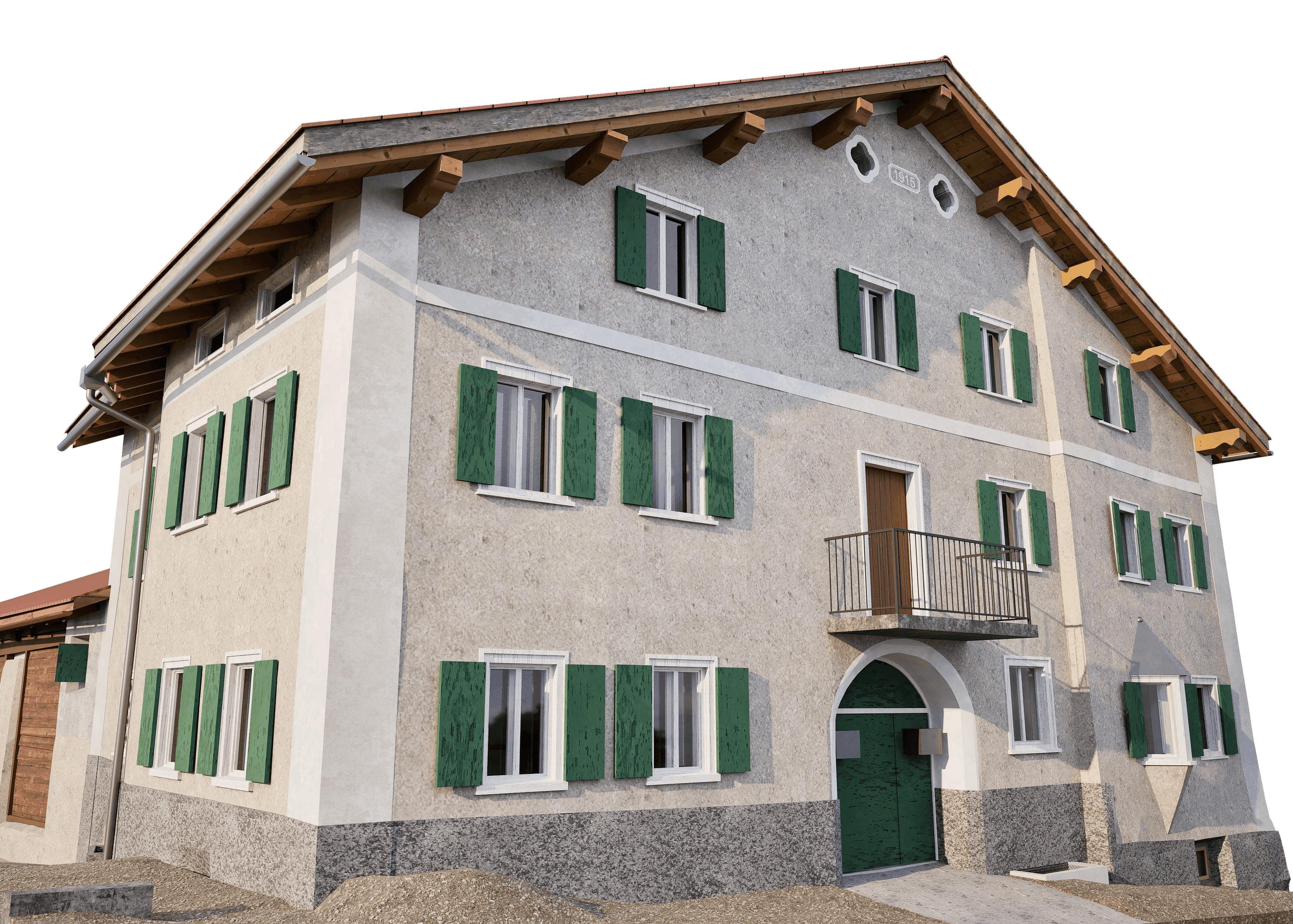 Ein traditionelles, alpenländisches Bauernhaus mit grünen Fensterläden und Balkonen.