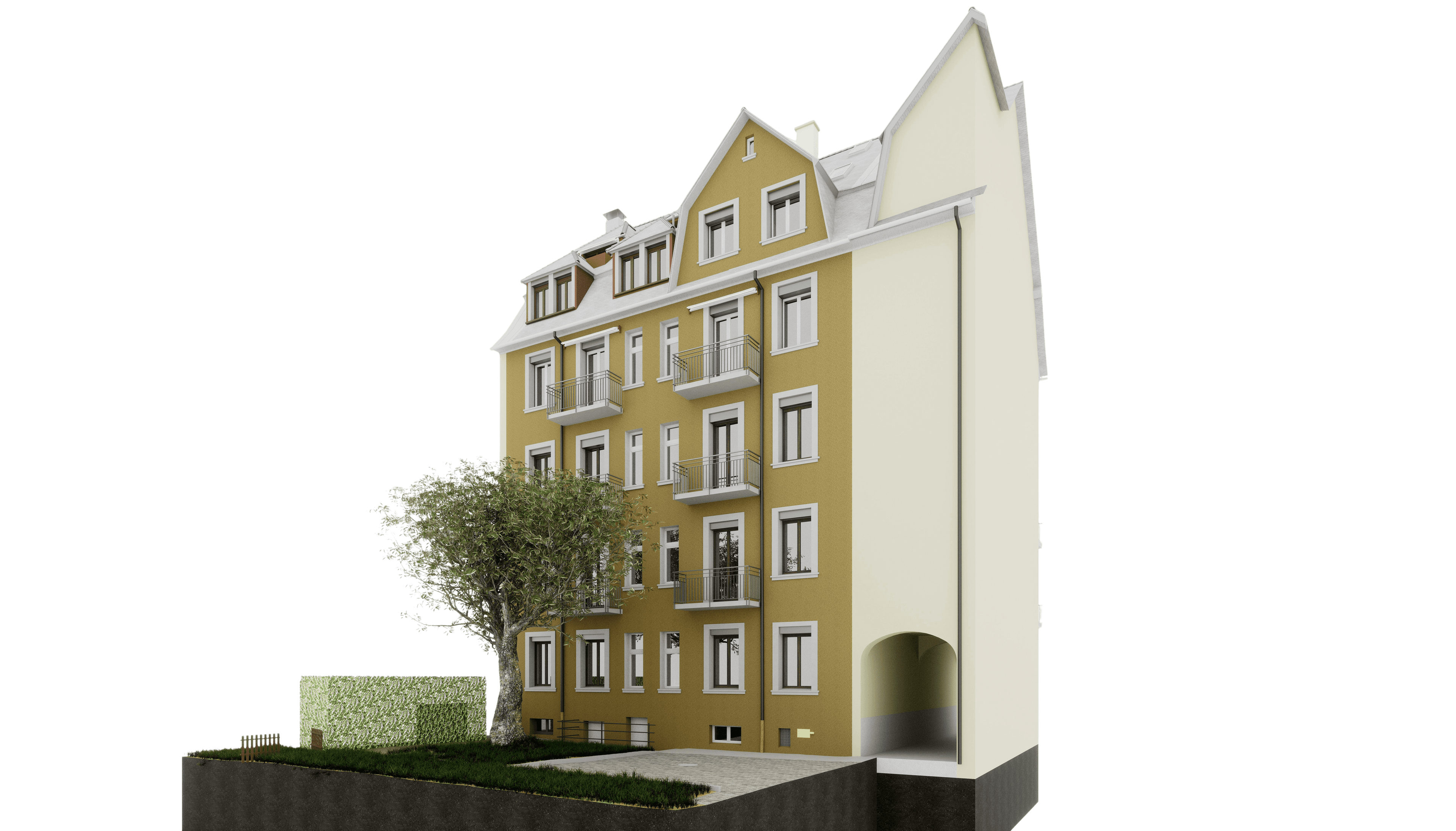 Das Bild zeigt ein vierstöckiges Altbau-Wohngebäude mit gelb-weißer Fassade, Fenstern und einem Baum im Vordergrund.