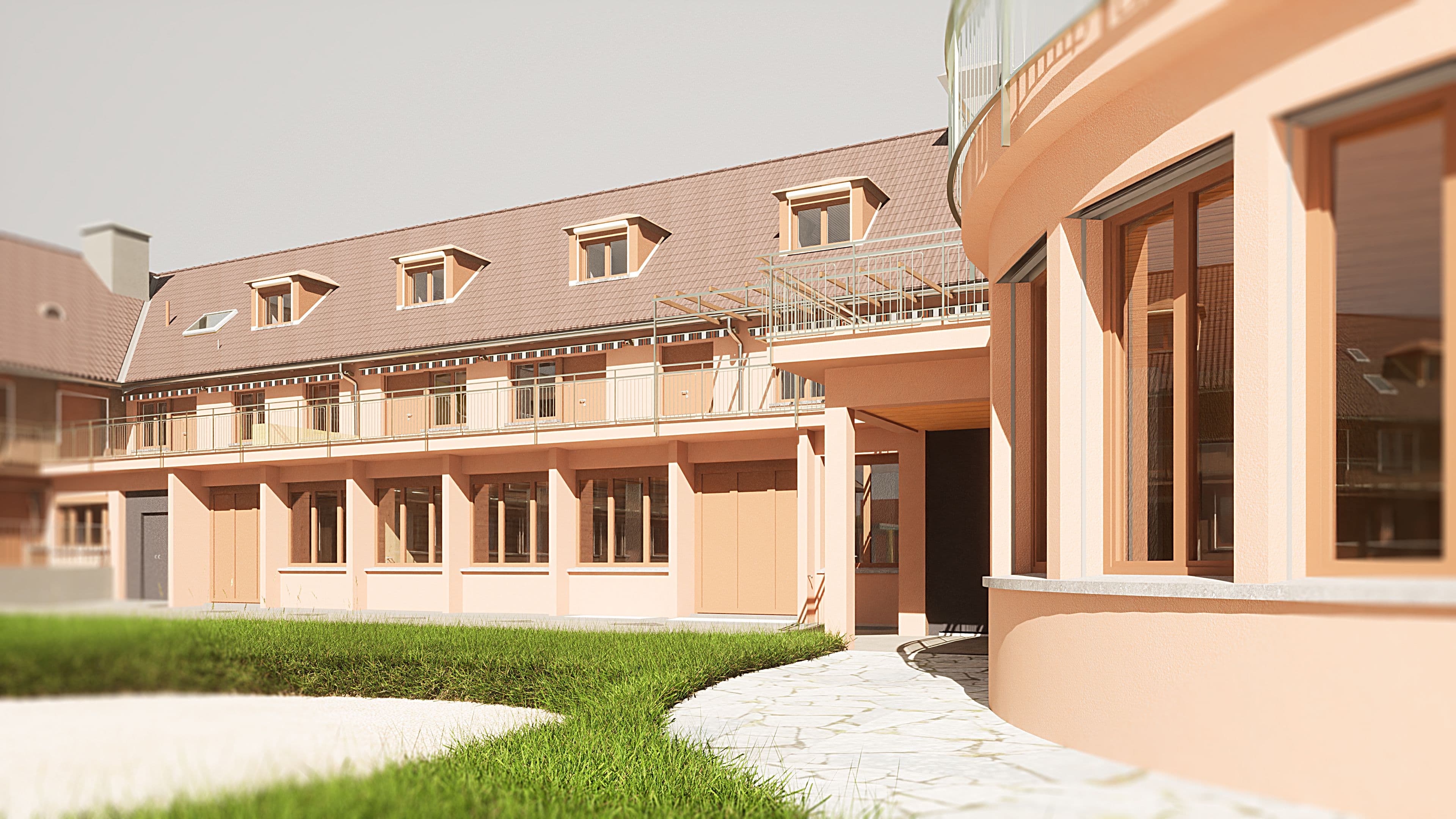 Elegantes Einfamilienhaus mit Terrasse und Garten bei Tageslicht.