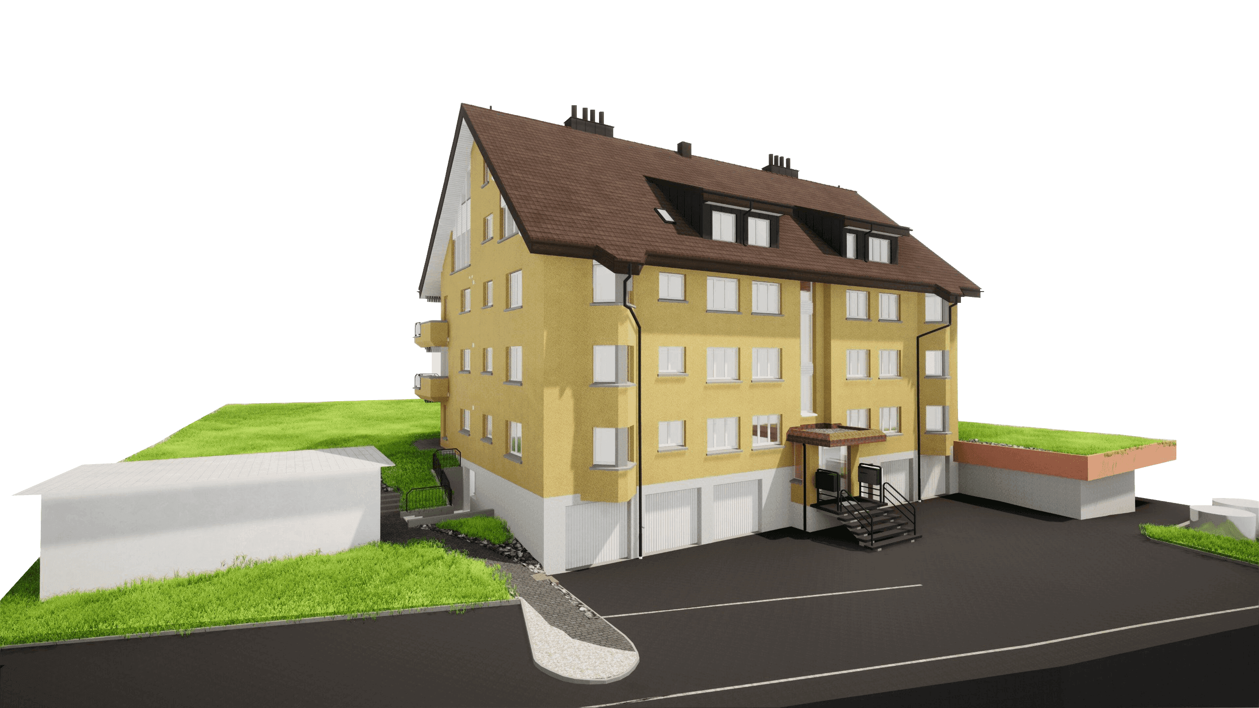 3D-Modell eines Mehrfamilienhauses mit Parkplatz und Grünfläche.