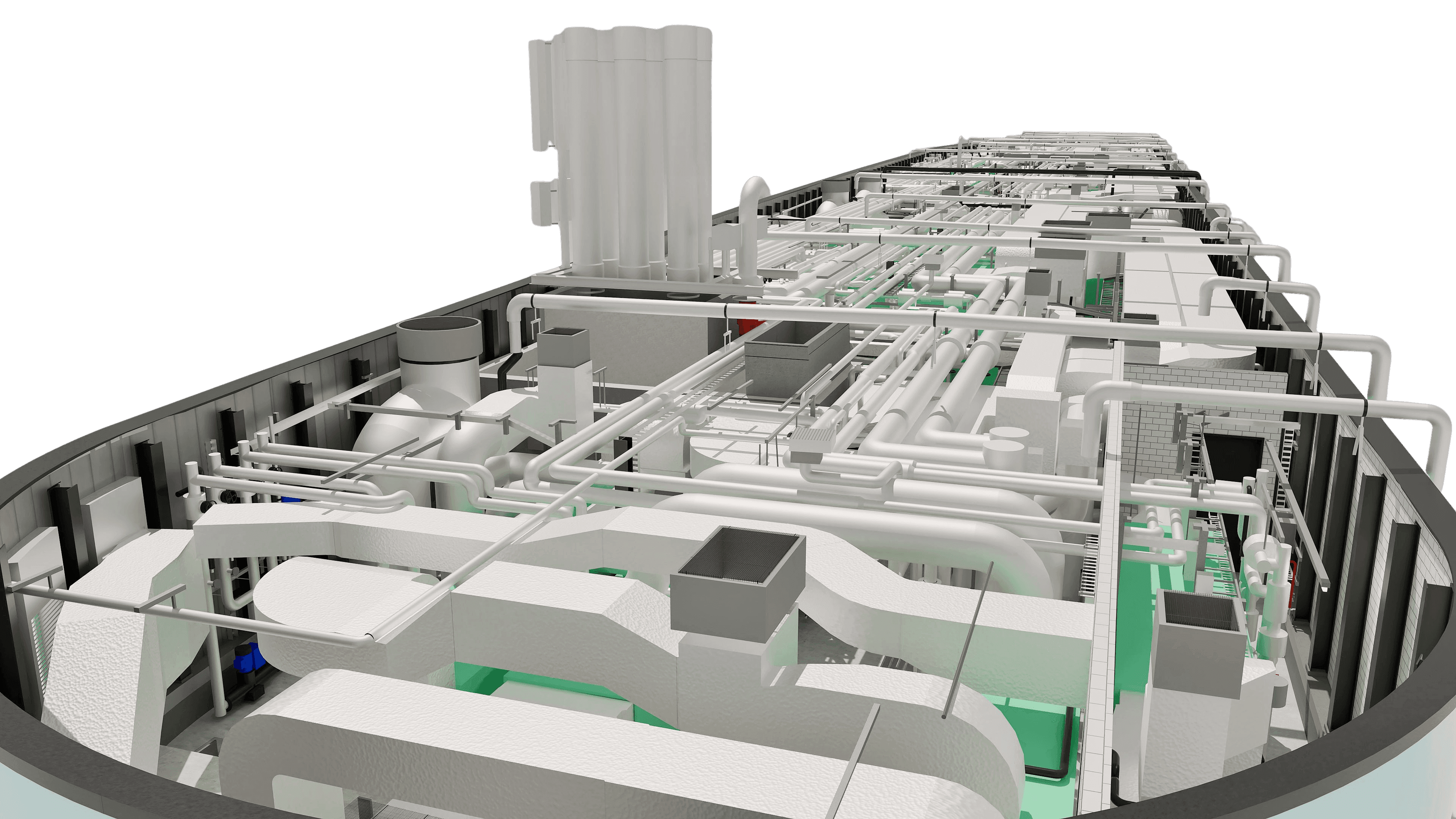 3D-Modell eines Schiffslayouts mit komplexen Rohrleitungssystemen und Maschinenraum.