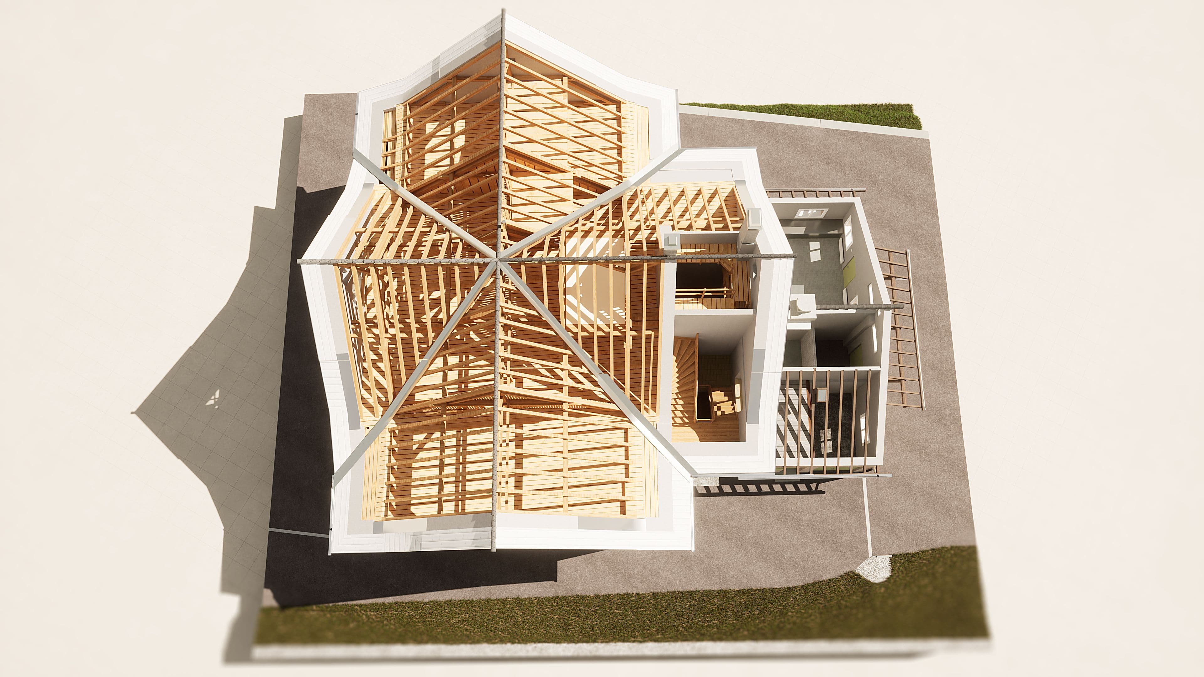 3D-Modell eines modernen Einfamilienhauses im Schnitt mit sichtbarer Innenstruktur und Raumgestaltung.