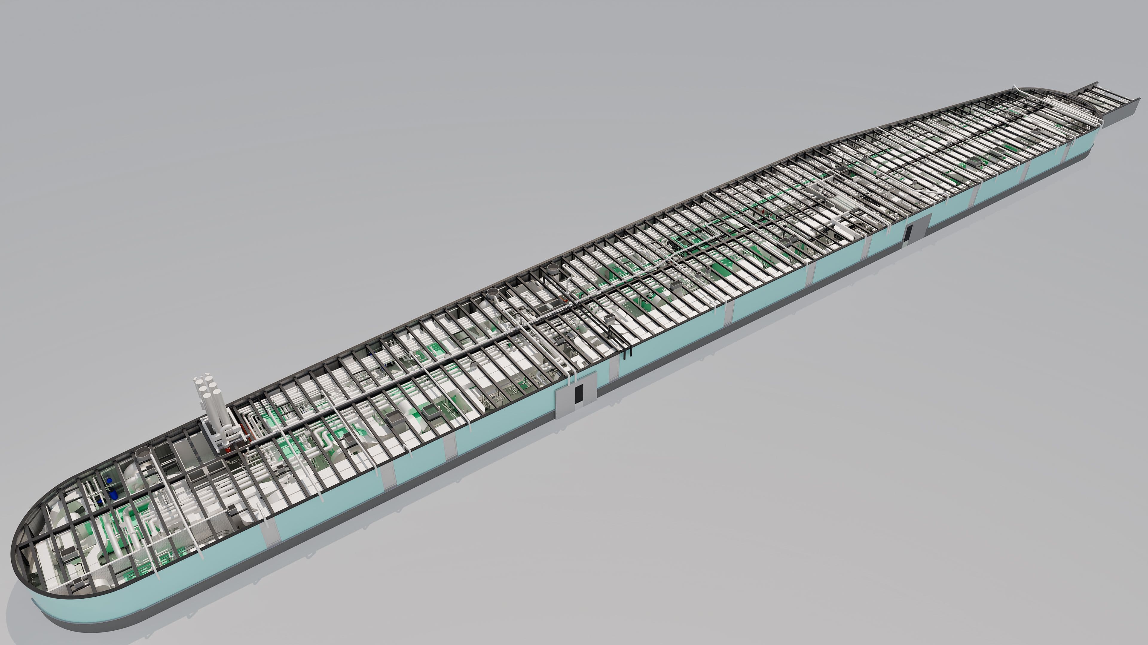 3D-Modell eines leeren Frachtschiffs ohne Beschriftung oder Markierungen.