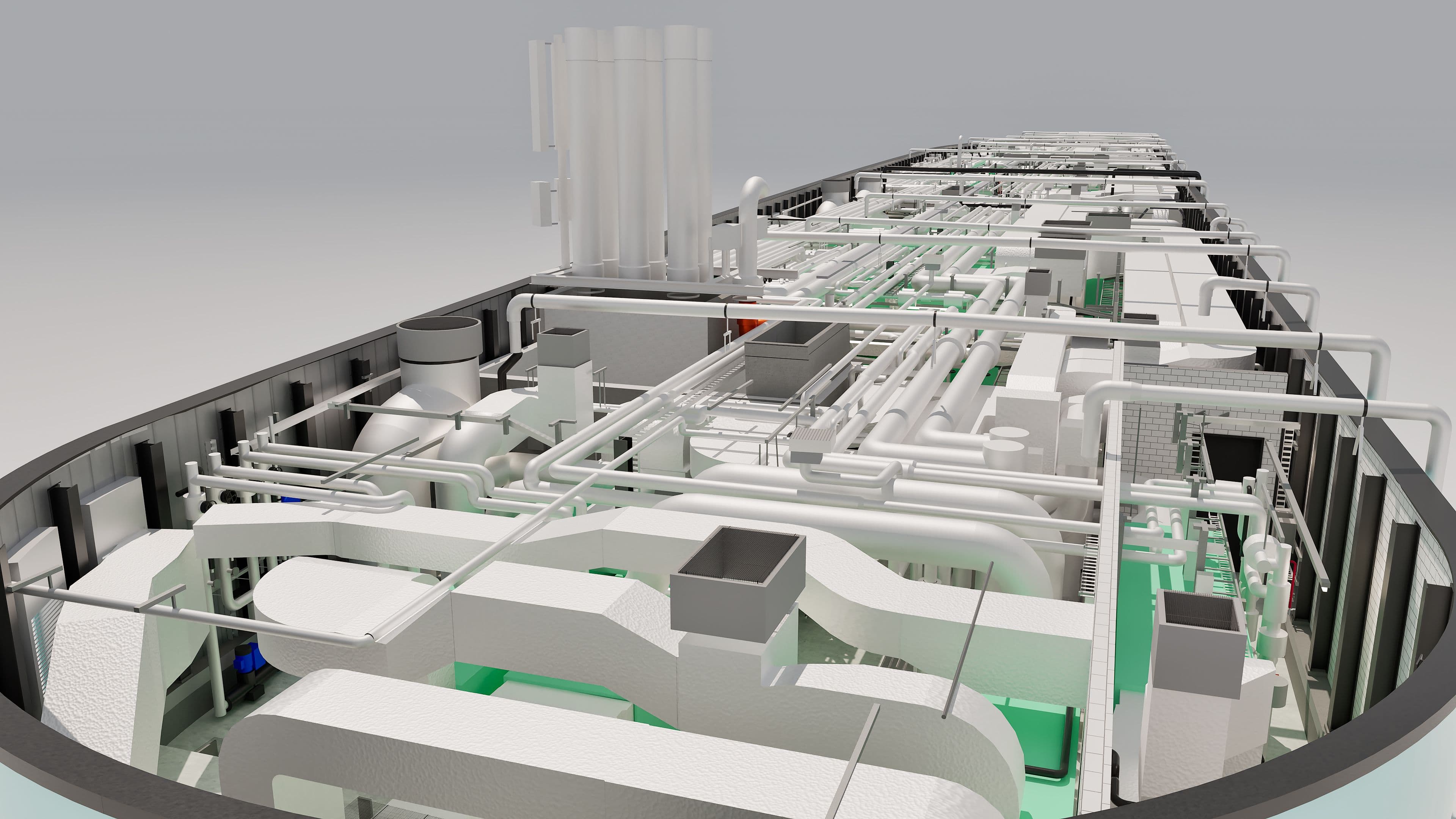 3D-Modell einer Industrieanlage mit Röhren und Anlagentechnik.