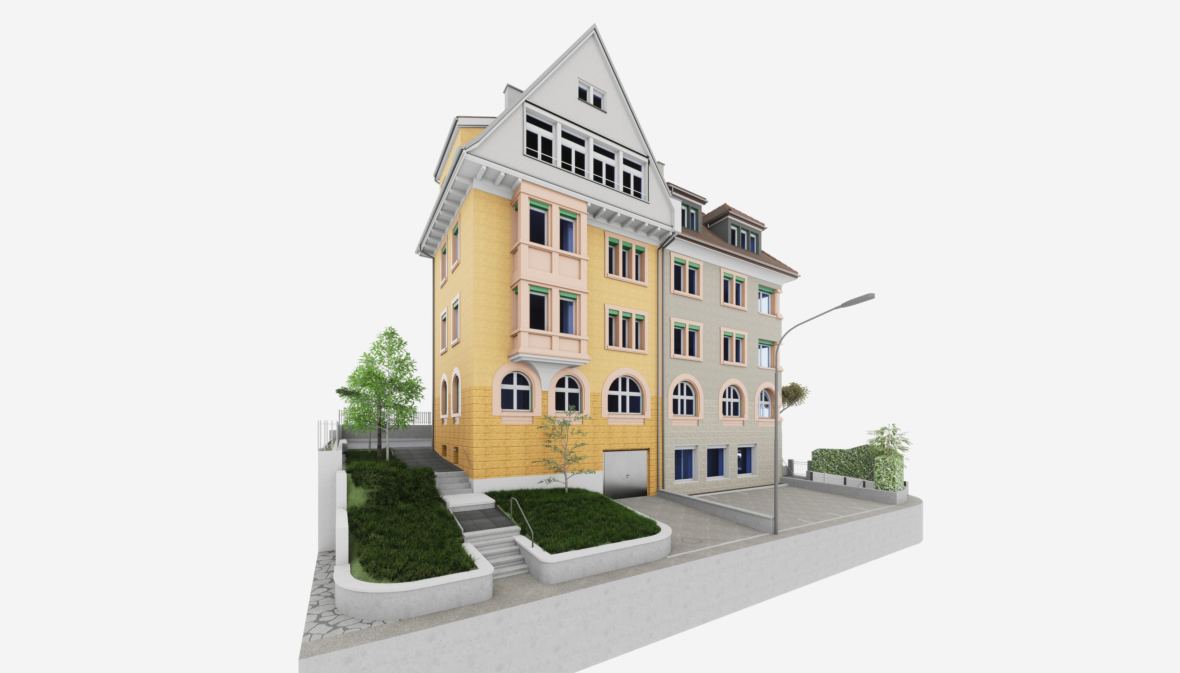 3D-Rendering eines gelben Mehrfamilienhauses mit Giebeldach und Grünanlagen.