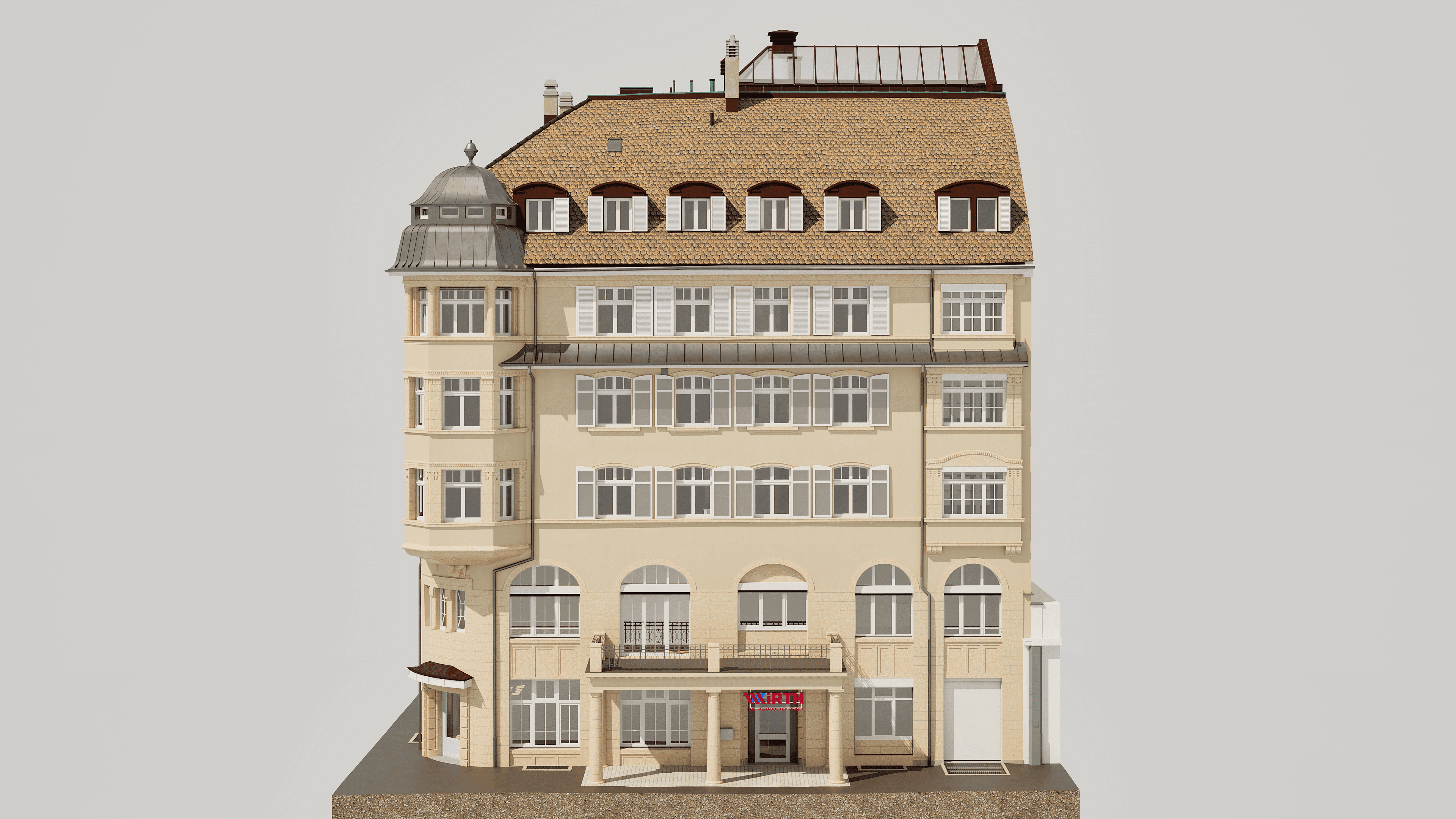 Illustration eines europäischen Stadthauses mit mehreren Stockwerken und Mansardendach.