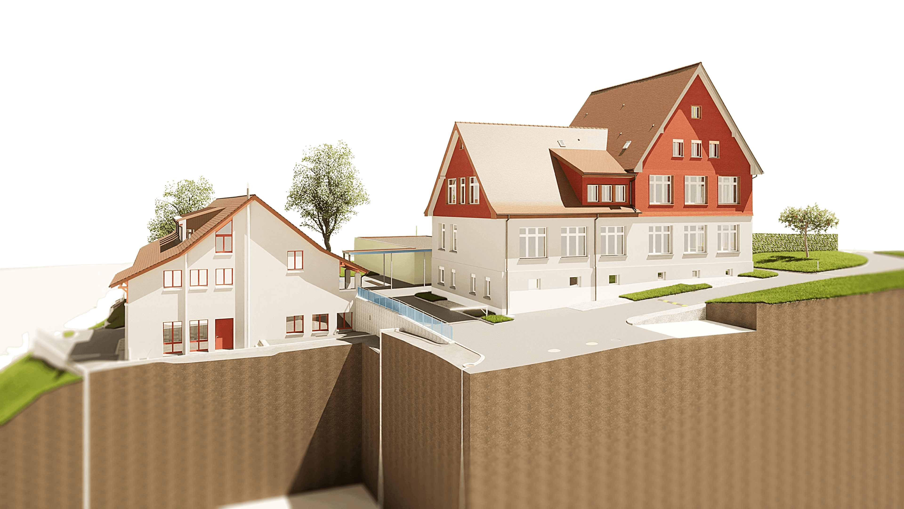 3D-Architekturmodell eines modernen Wohngebäudes mit traditionellen Elementen, umgeben von Grünflächen.