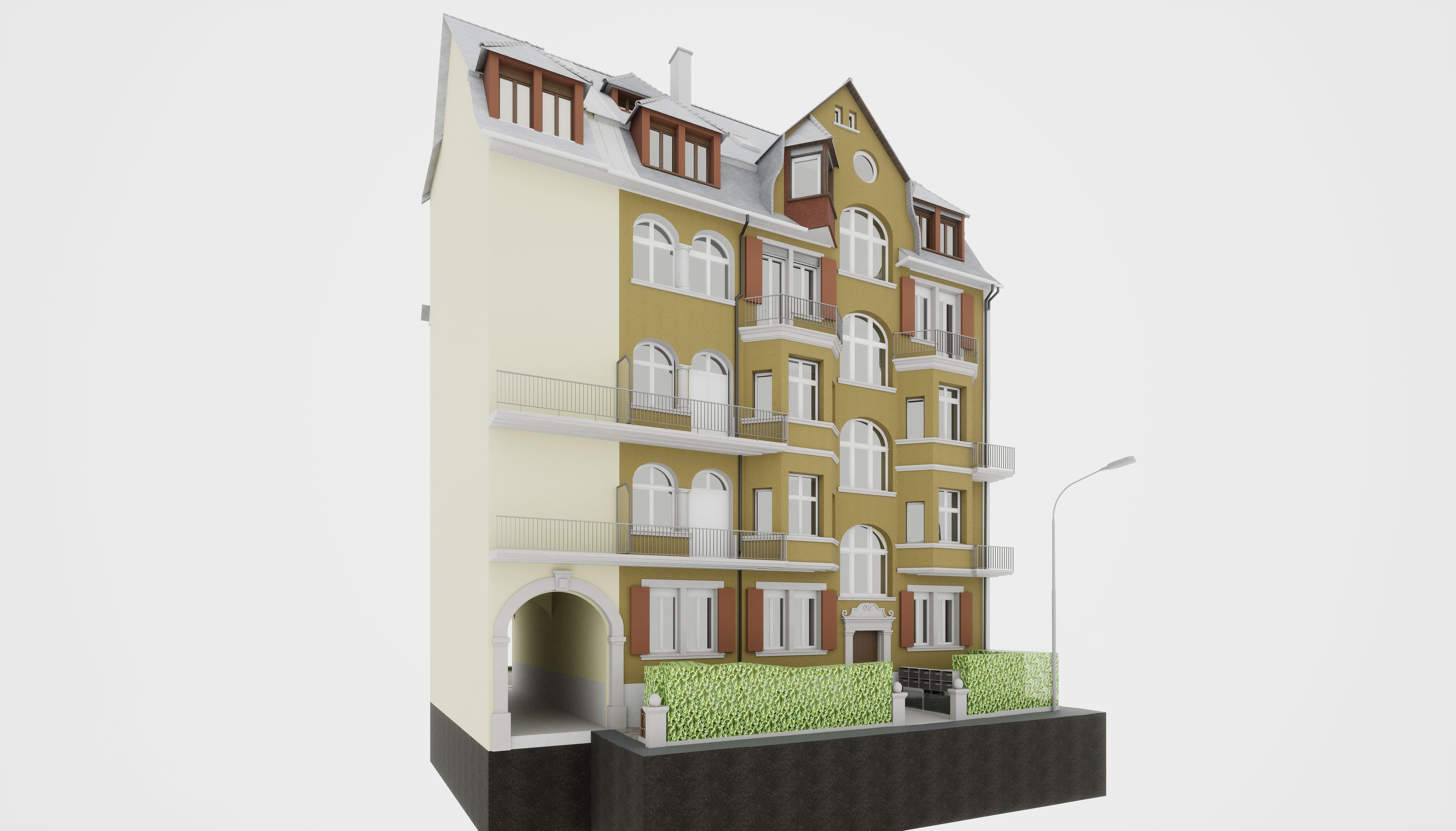 3D-Modell eines mehrstöckigen, modernen Stadthauses mit Balkonen auf weißem Hintergrund.