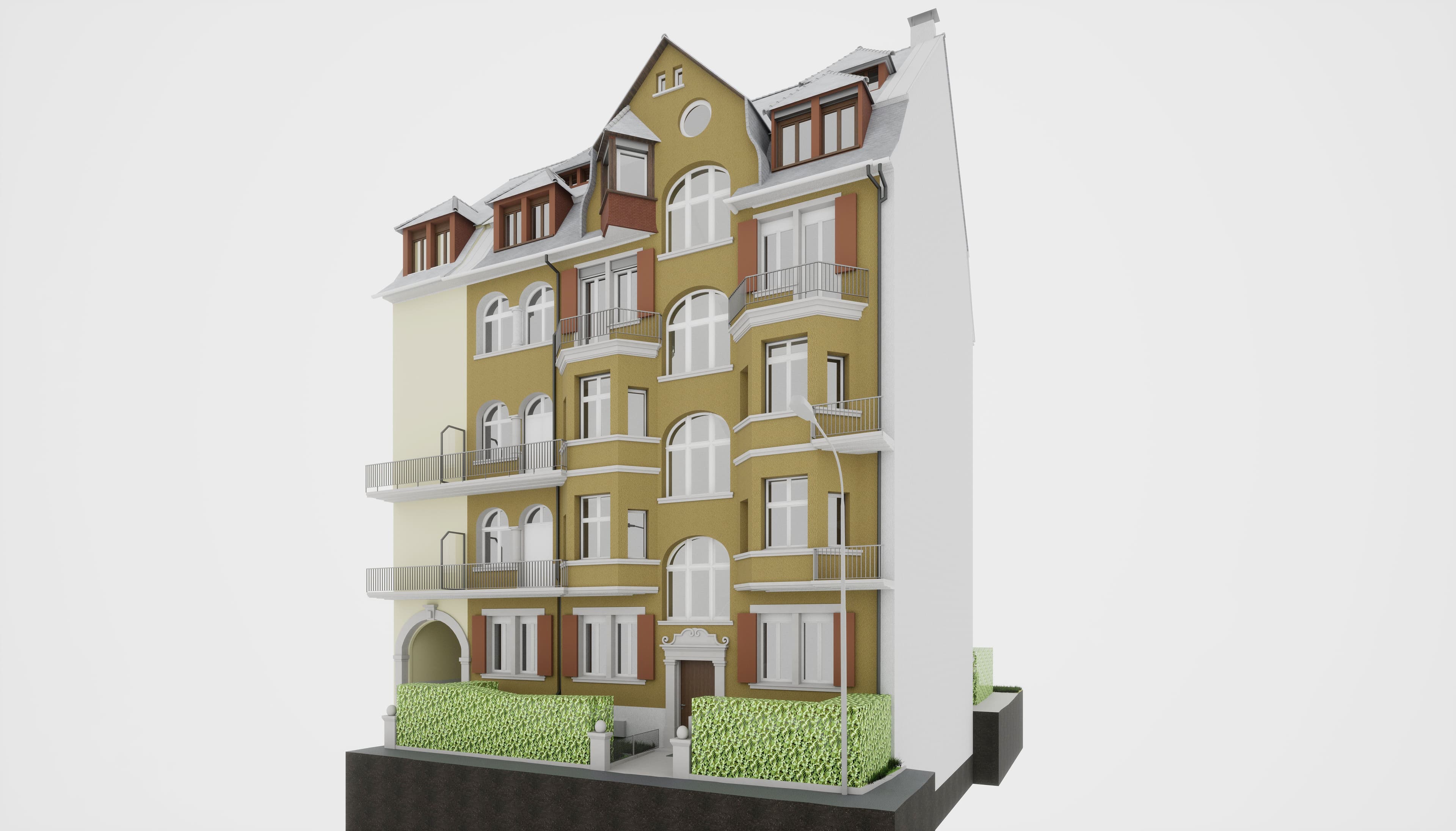 3D-Rendering eines mehrstöckigen Wohnhauses mit Balkonen.