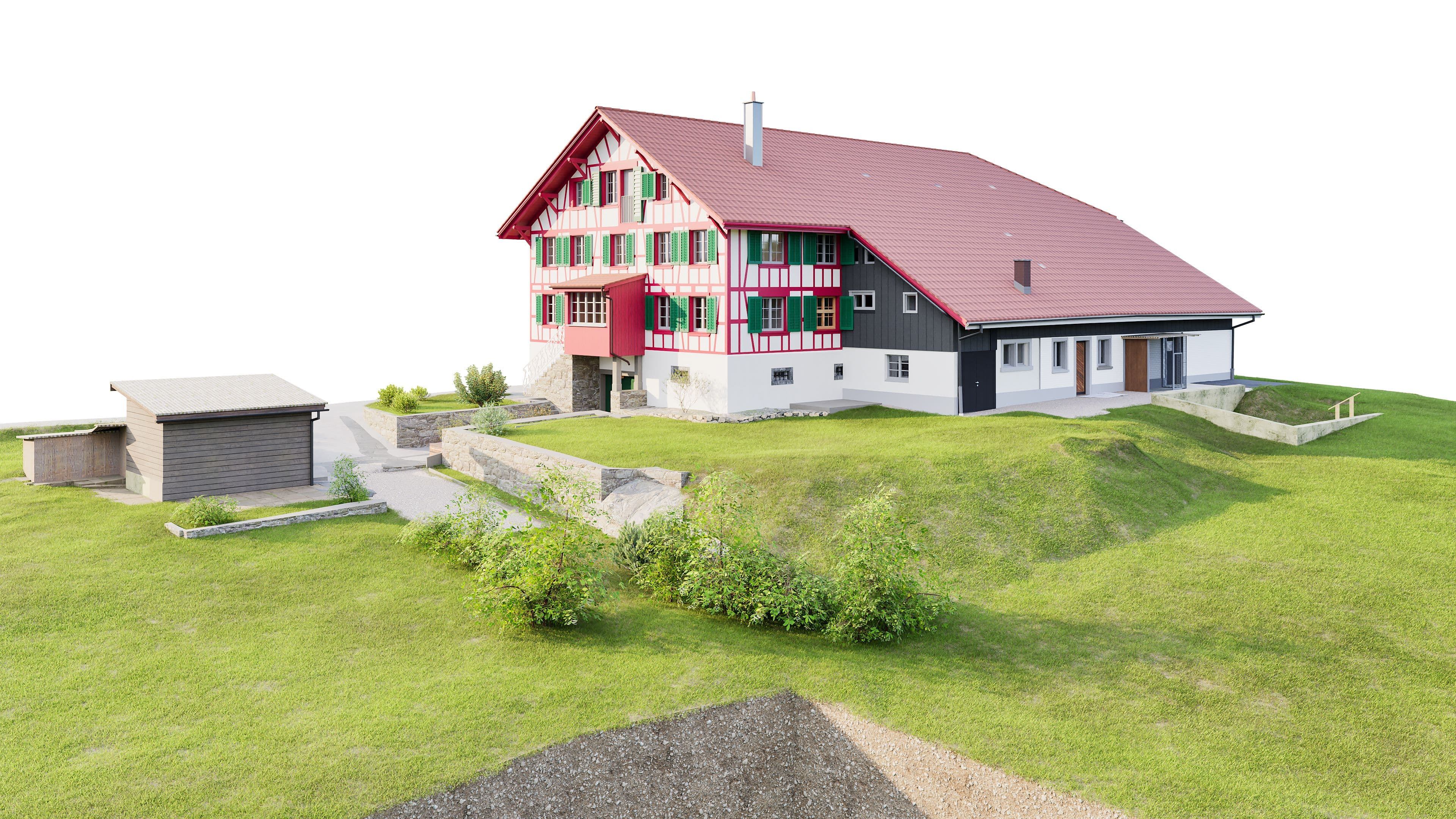 Alpines Haus mit roten Fensterläden in grüner Hügellandschaft.