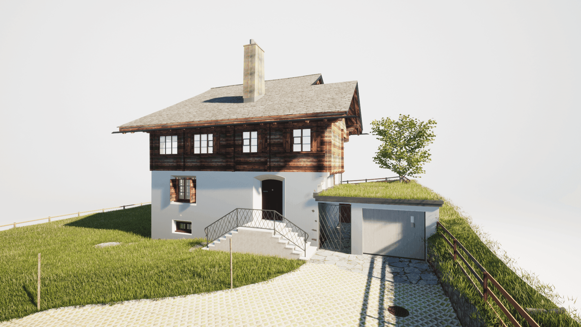 3D-Rendering eines modernen Einfamilienhauses im Chalet-Stil mit Garage.