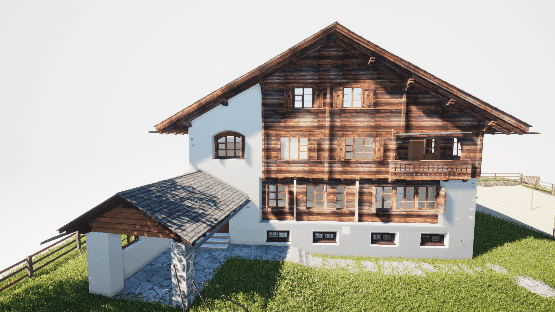 "3D-Rendering eines traditionellen alpinen Chalets mit Holzfassade und modernen Elementen an einem sonnigen Tag."