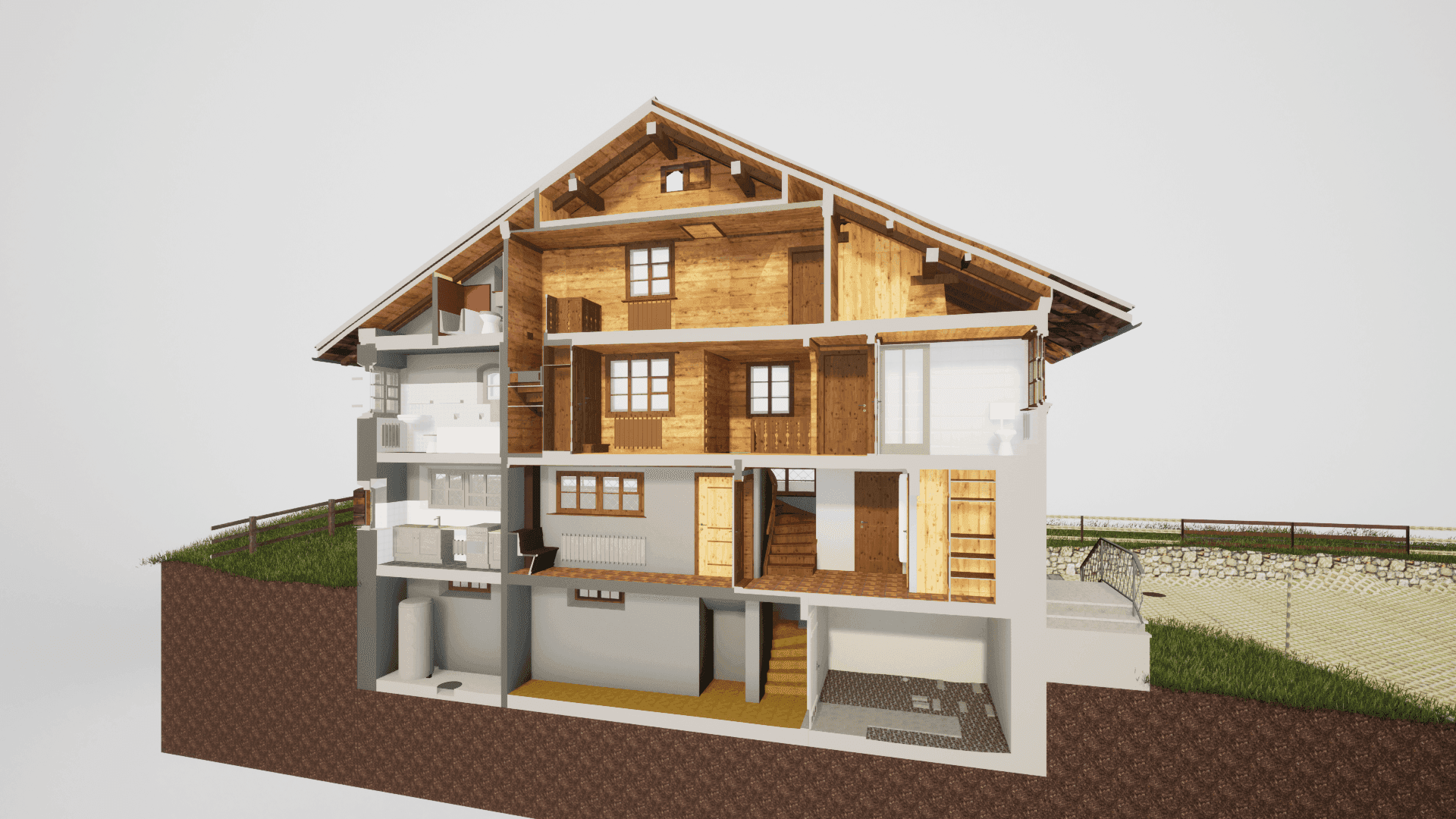 3D-Schnittansicht eines modernen Holzchalets mit mehreren Etagen und Einblick in die Innenräume.