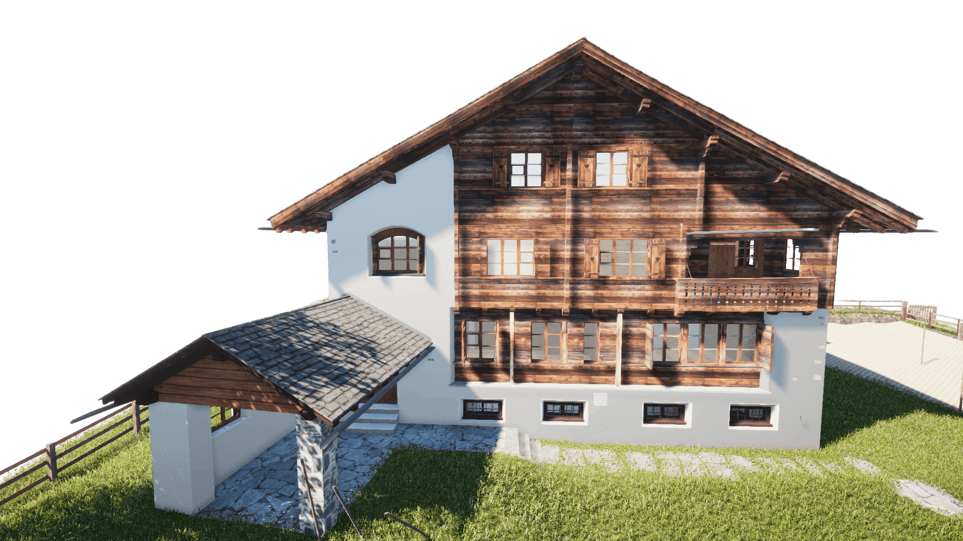 Alpenhaus im traditionellen Stil mit Holzbalkon, grünem Rasen, blauer Himmel im Hintergrund.