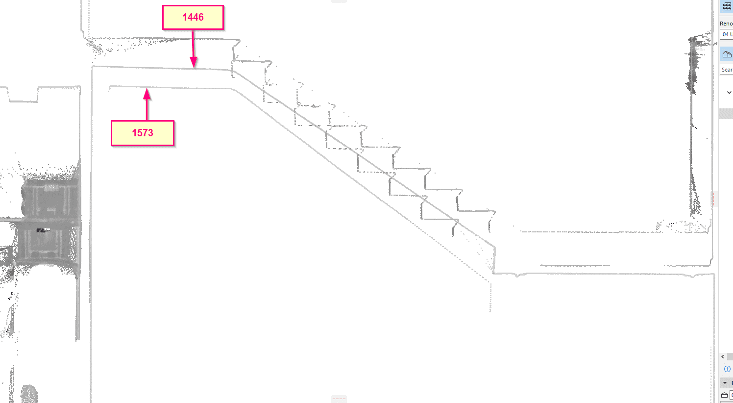 Architektonische Zeichnung einer Treppe mit Maßangaben in Millimetern.