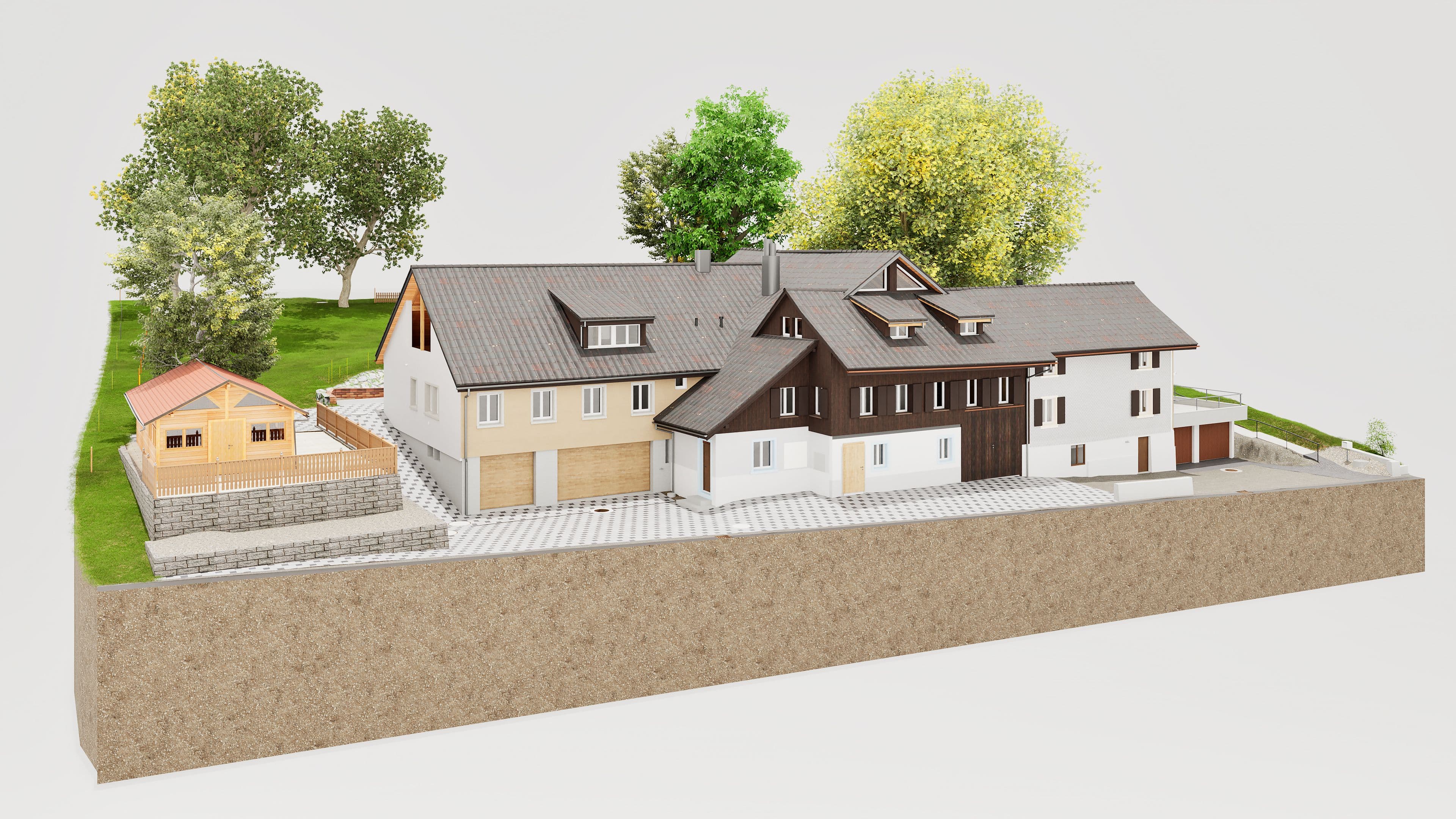 3D-Rendering eines modernen Hauses mit Garten und Bäumen im Hintergrund.