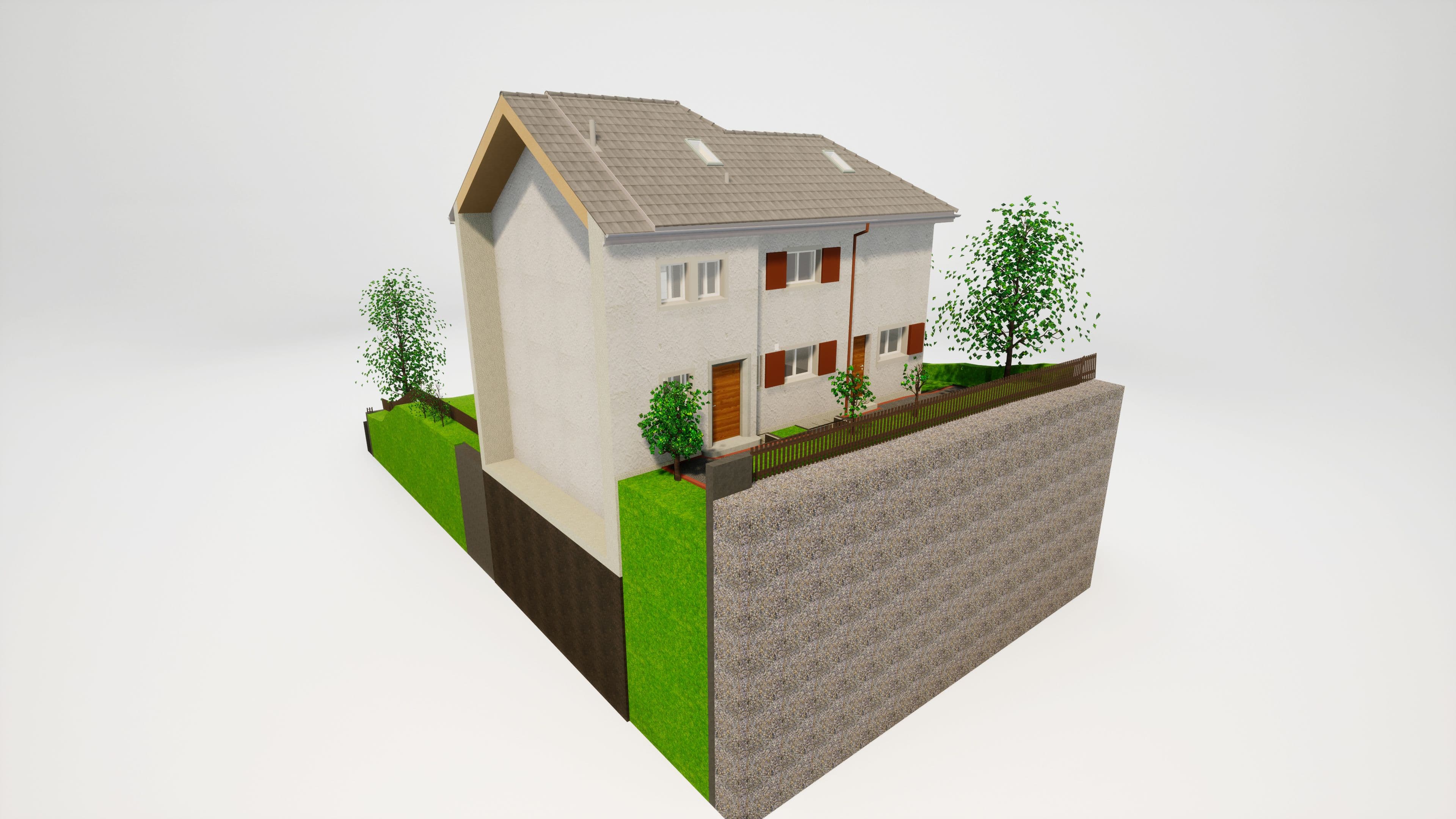 3D-Modell eines Einfamilienhauses mit Garten und Stützmauer.