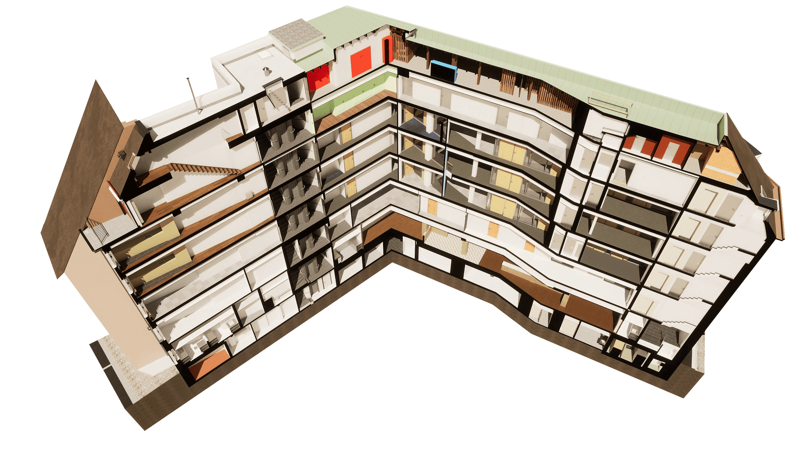 Isometrische Ansicht eines mehrstöckigen Gebäudeschnitts mit detaillierten Innenräumen.