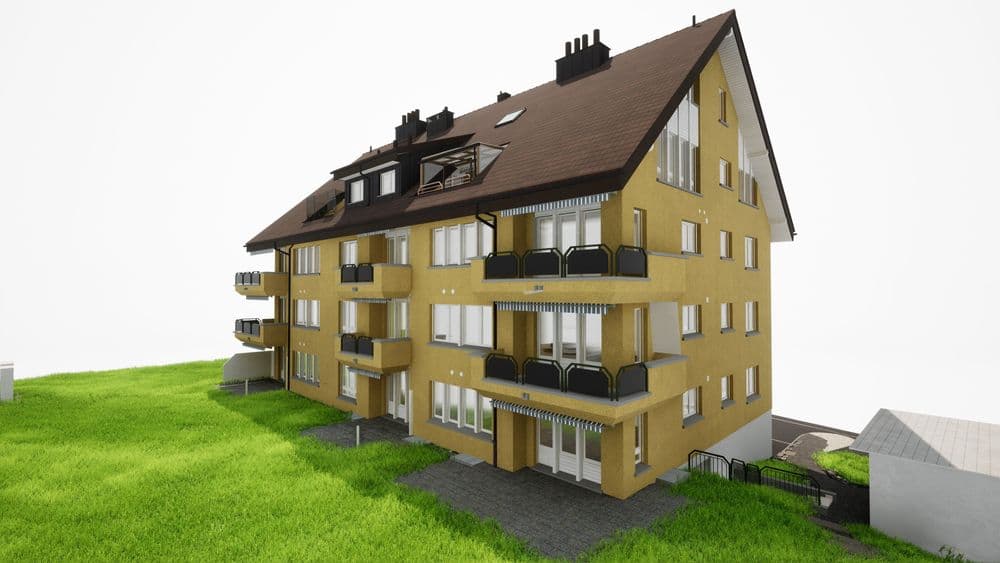 3D-Rendering eines gelben Mehrfamilienhauses mit Balkonen auf grüner Wiese.