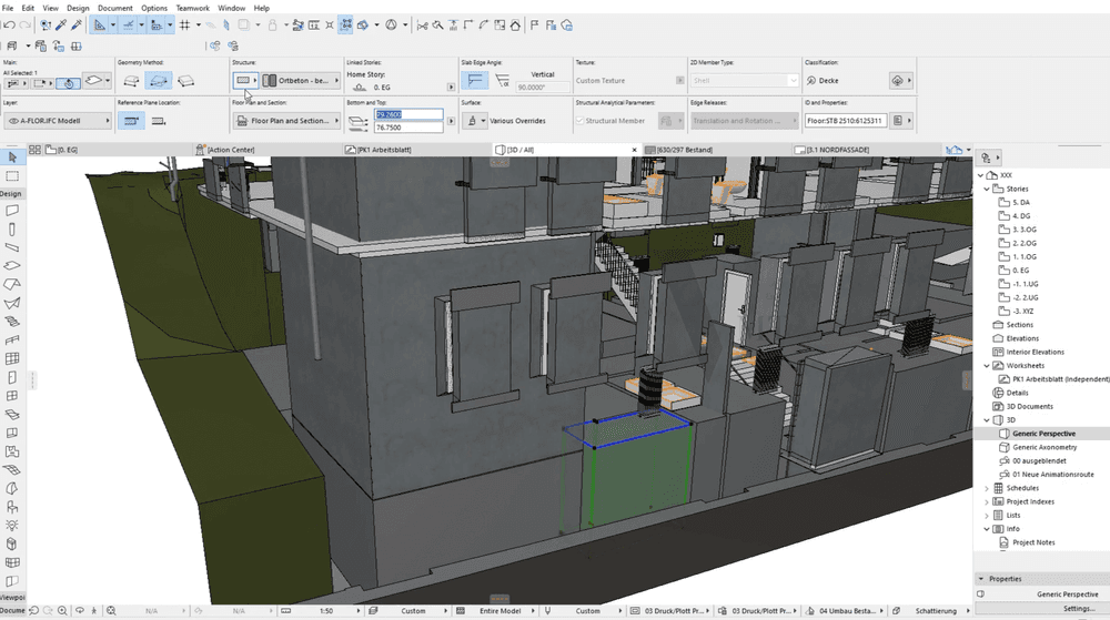 3D-CAD-Gebäudemodell in einer Softwareanwendung mit Benutzeroberfläche und Werkzeugleisten.