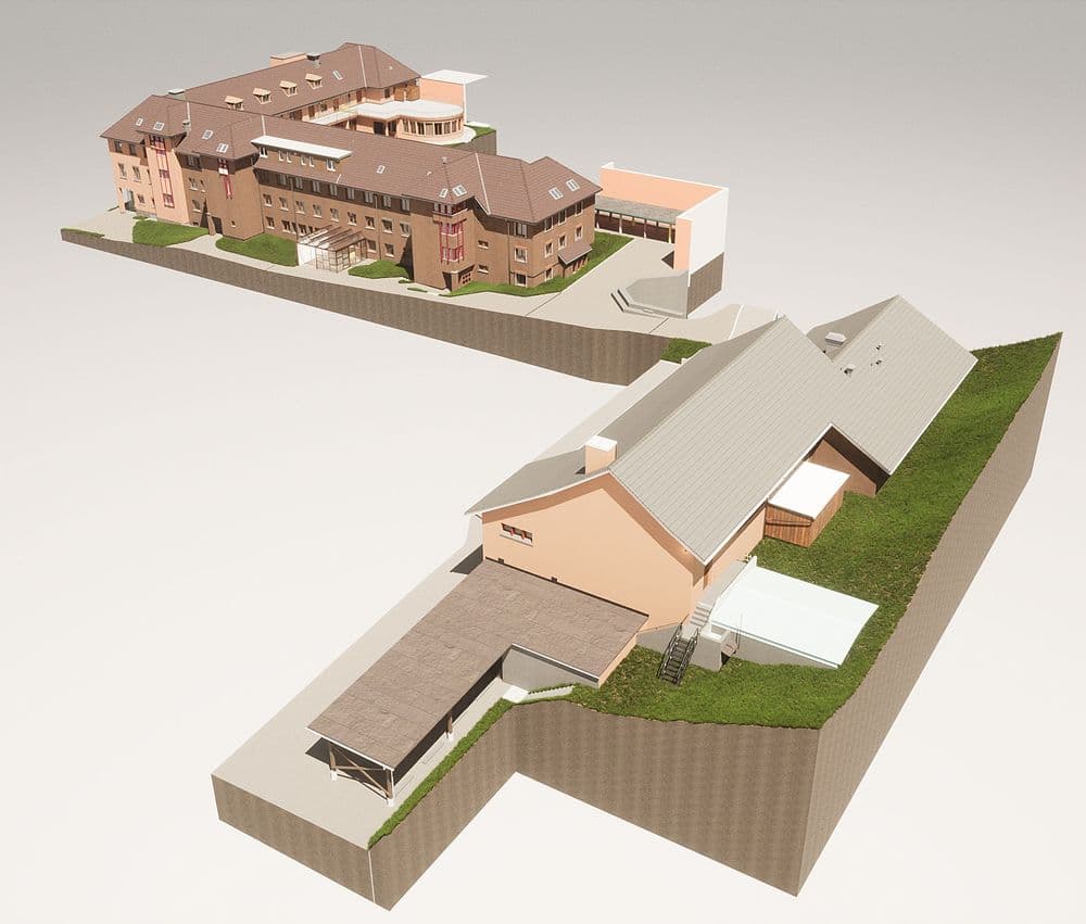 3D-Architekturmodell zweier Gebäude mit beige-brauner Fassade und grauen Dächern auf schwebender Grasfläche für Planungsüberblick.