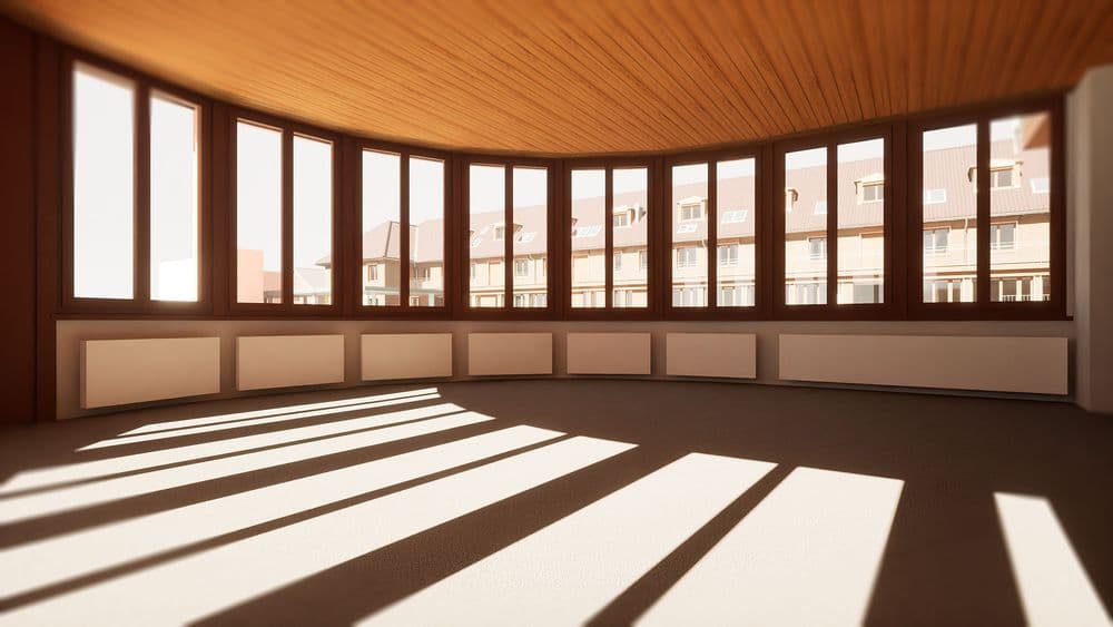 Leerer Raum mit Panoramafenstern und Holzdecke, Licht- und Schattenspiel auf dem Boden.