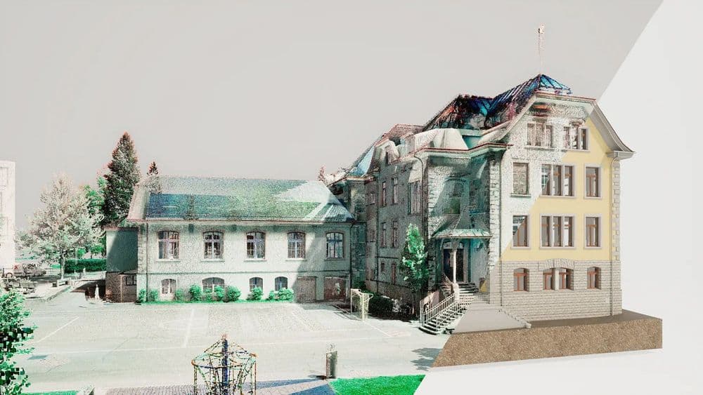 Altes Herrenhaus mit Nebengebäude und Spielplatz auf der Vorderseite, digital bearbeitetes Bild.