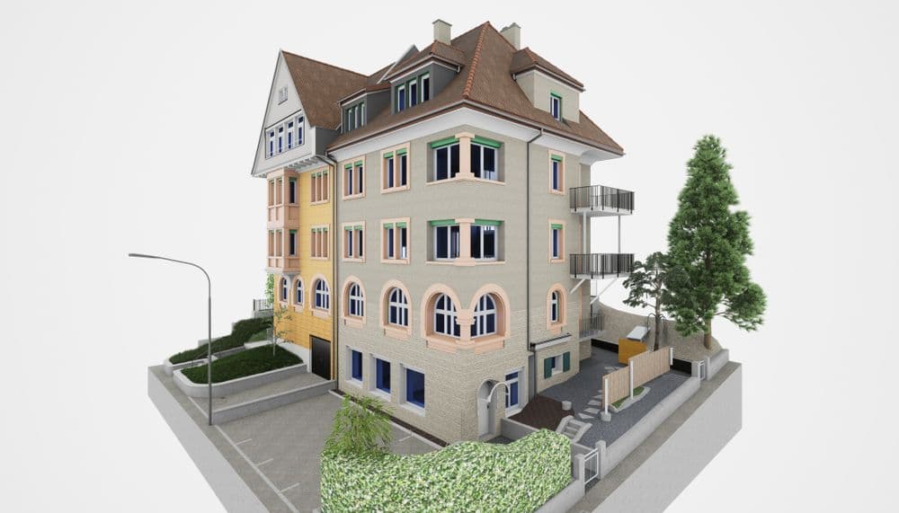 3D-Rendering eines mehrstöckigen Eckgebäudes mit Balkonen in städtischem Umfeld.