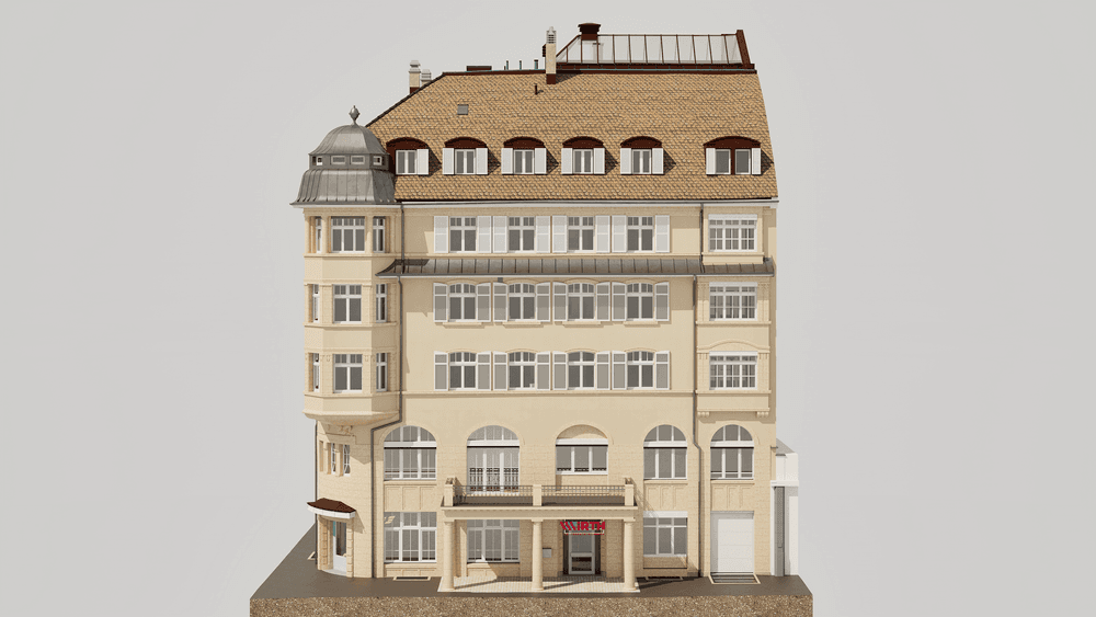 Illustration eines europäischen Stadthauses mit mehreren Stockwerken und Mansardendach.