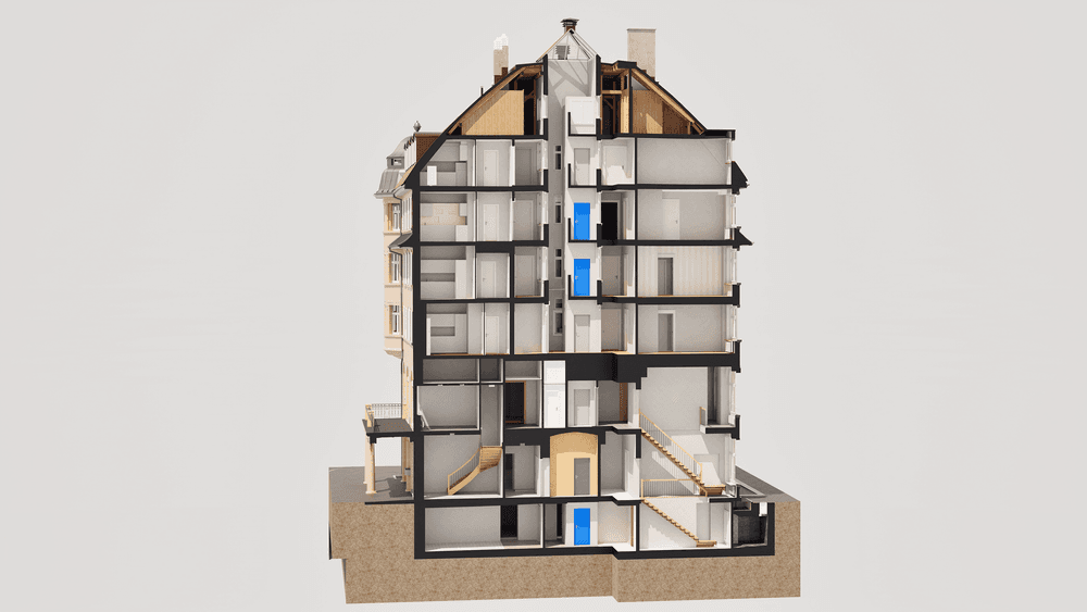 Querschnitt eines mehrstöckigen Gebäudes mit detaillierter Darstellung der Innenräume.