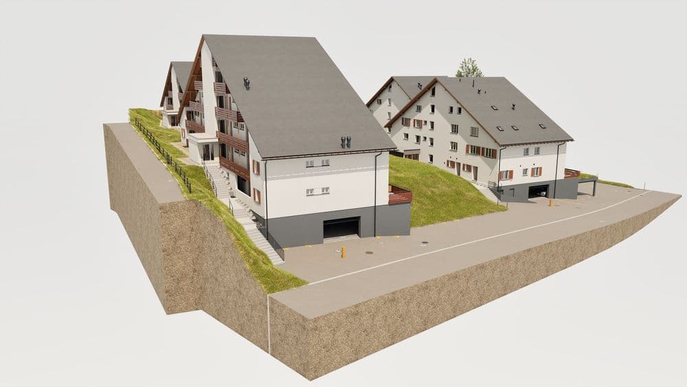 3D-Modell eines Wohnkomplexes mit Mehrfamilienhäusern und Garagen, visualisiert in einer Isometrieansicht.