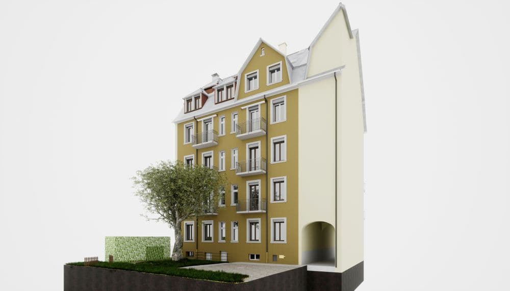 3D-Modell eines mehrstöckigen gelben Stadthauses mit Giebeldach und Grünfläche.