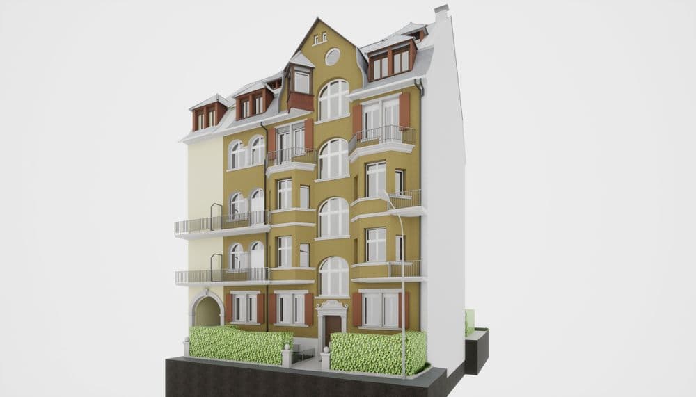 3D-Rendering eines mehrstöckigen Wohnhauses mit Balkonen.