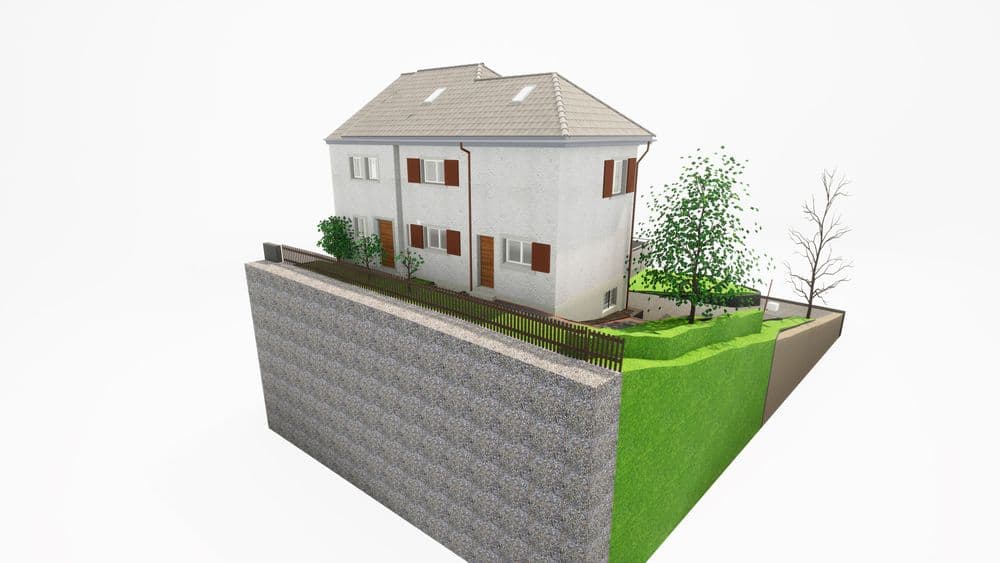 3D-Modell eines Einfamilienhauses mit Garten und Stützmauer.