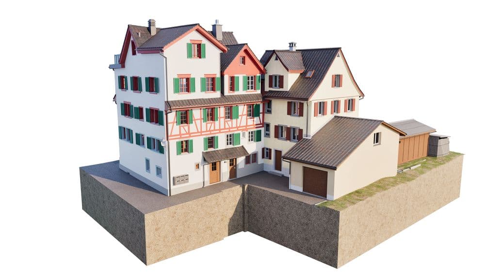 Ein traditionelles, mehrstöckiges Fachwerkhaus mit bunten Fensterläden und angebautem Garage, auf einem erhöhten Fundament dargestellt.