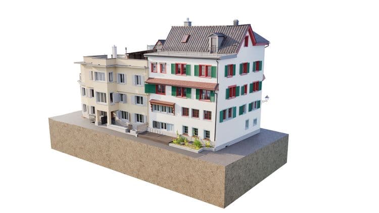 3D-Modell eines charmanten, mehrstöckigen Wohnhauses mit traditionellen Fenstern und moderner Architektur. Ideal für Immobilienpräsentationen und architektonische Visualisierungen.