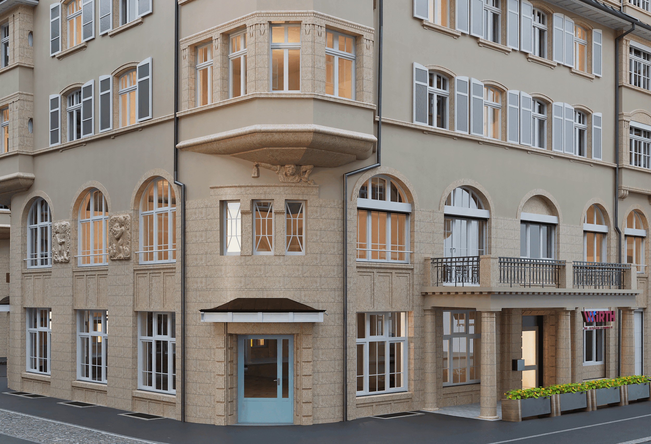 Eckgebäude mit klassischer Architektur und Eingangstür in europäischer Stadt.