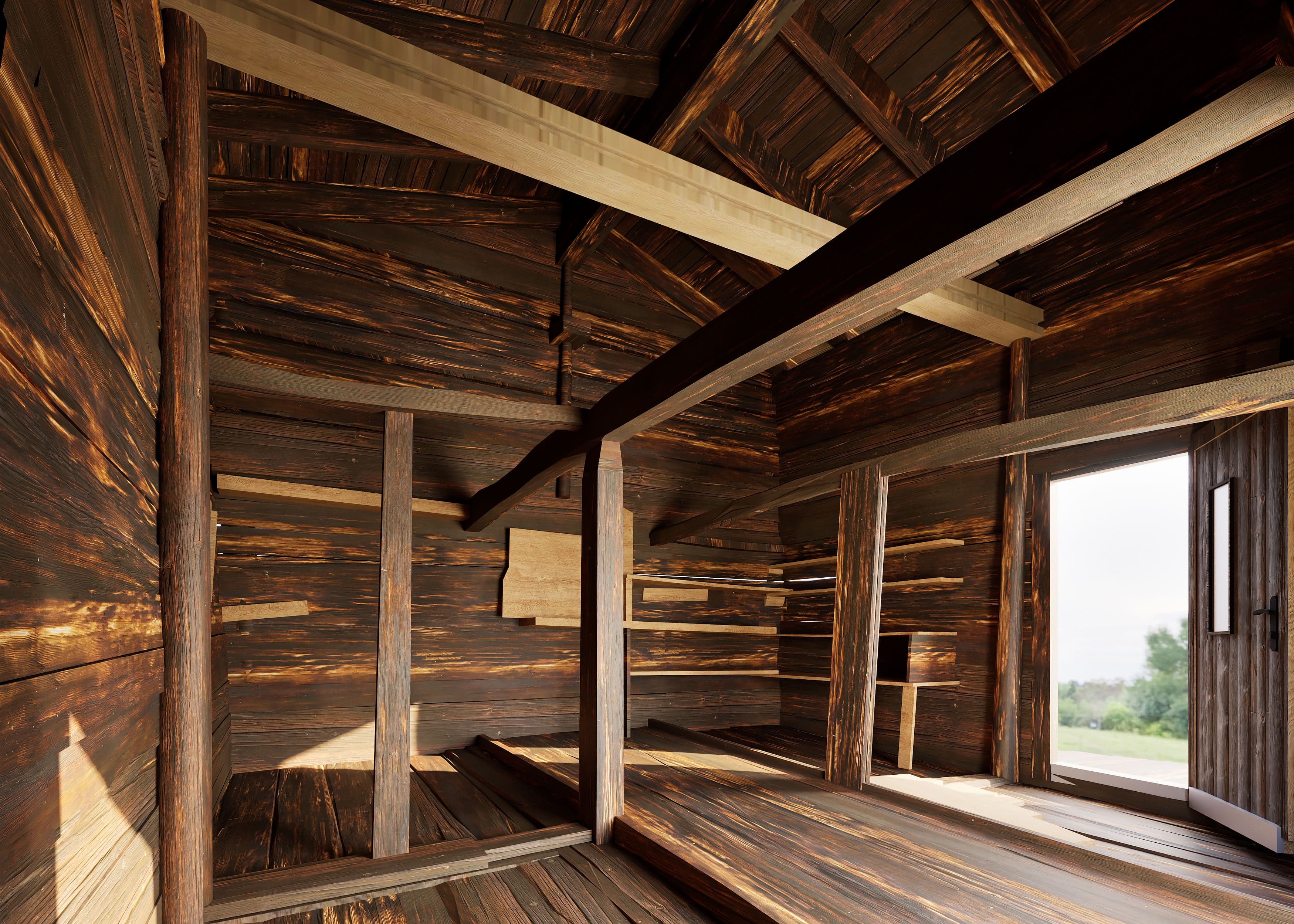 Holzhütte mit rustikalem Charme, Sonnenlicht flutet durch geöffnete Tür, Innenraum aus dunklem Holz.